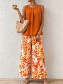 Conjunto de dos piezas para mujer: top sin mangas y pantalón de pierna ancha, atuendo casual de verano con opciones de estampado de hojas/lunares, conjunto de dos piezas a juego, conjunto de verano de dos piezas, conjunto de dos piezas coord, conjunto de