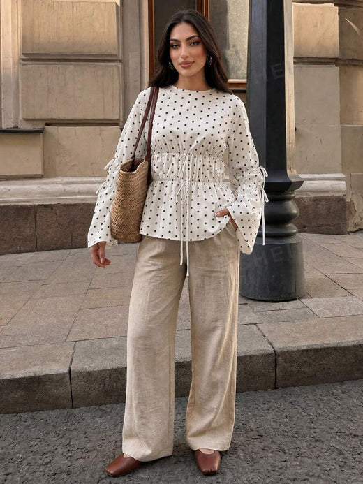 Elenzga Blusa de mujer con cuello redondo fruncido y manga larga