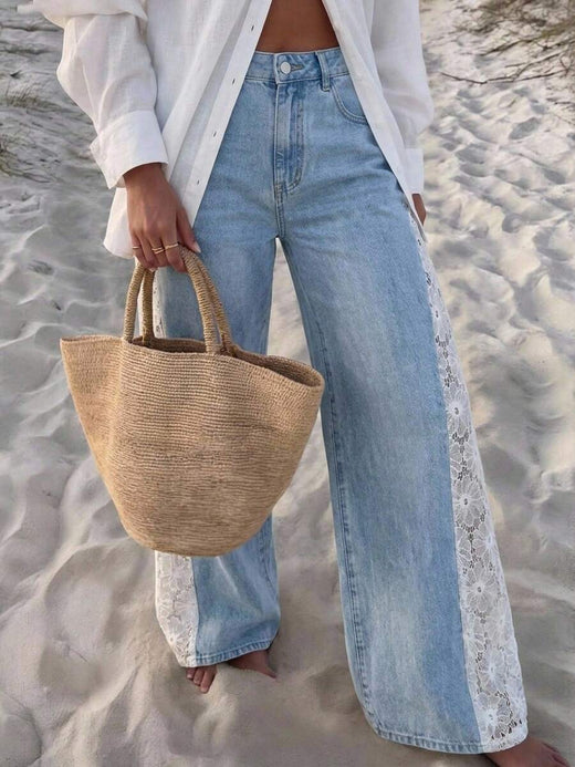 Travachic Jeans de pierna recta con patchwork de encaje para mujer