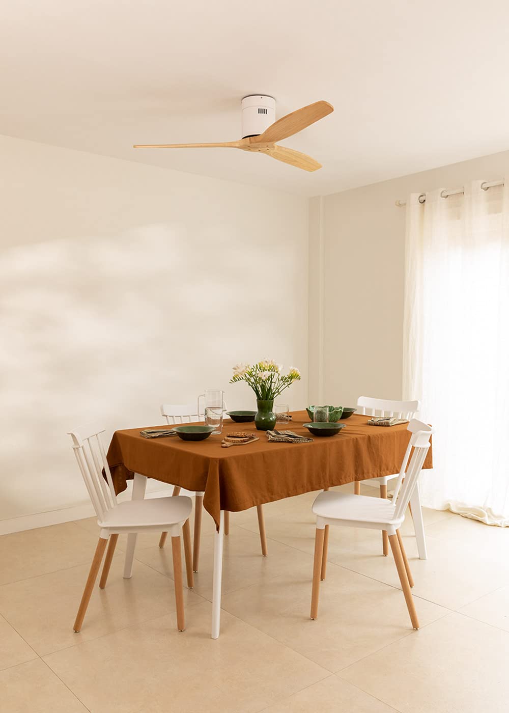 CREATE/WINDCALM/Ventilador de techo ABS blanco aspas efecto madera clara con Wifi y mando / 40W, Silencioso, Ø132 cm, 6 velocidades, temporizador, función verano-invierno