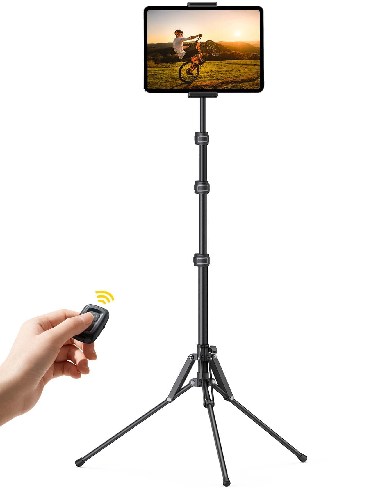 Lamicall Soporte de trípode de suelo para tableta, soporte para tablet de 65 pulgadas con altura ajustable para transmitir/ver con control remoto Bluetooth, para iPad Pro 12.9, Mini, Air, iPhone y