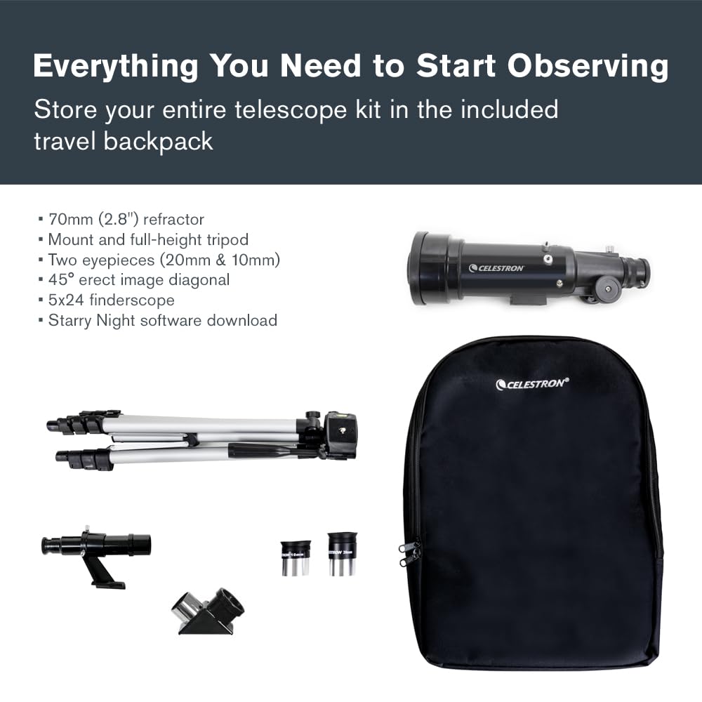 Celestron 21035 Travel Scope 70 Portable Refractor Telescope Kit with Backpack, Black