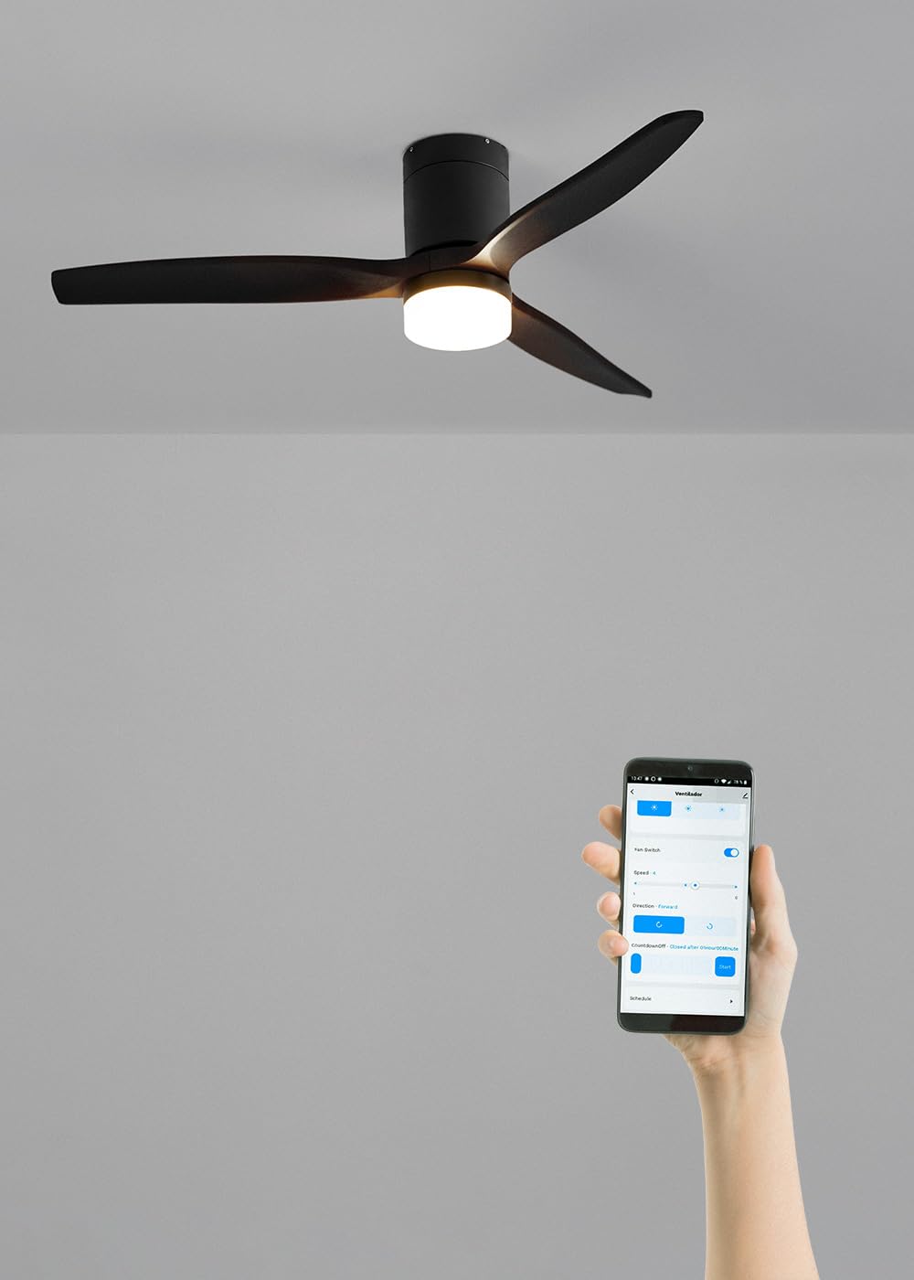 CREATE / WINDCALM/Ventilador de techo ABS con luz negro con Wifi y mando / 40W, Silencioso, Ø132 cm, 6 velocidades, 3 temperaturas de luz, temporizador, función verano-invierno