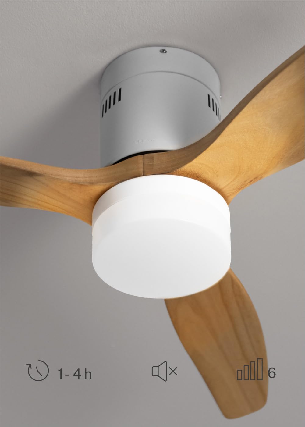CREATE/WINDCALM/Ventilador de techo ABS con luz blanco aspas efecto madera clara y mando / 40W, Silencioso, Ø132 cm, 6 velocidades, 3 temperaturas de luz, temporizador, función verano-invierno