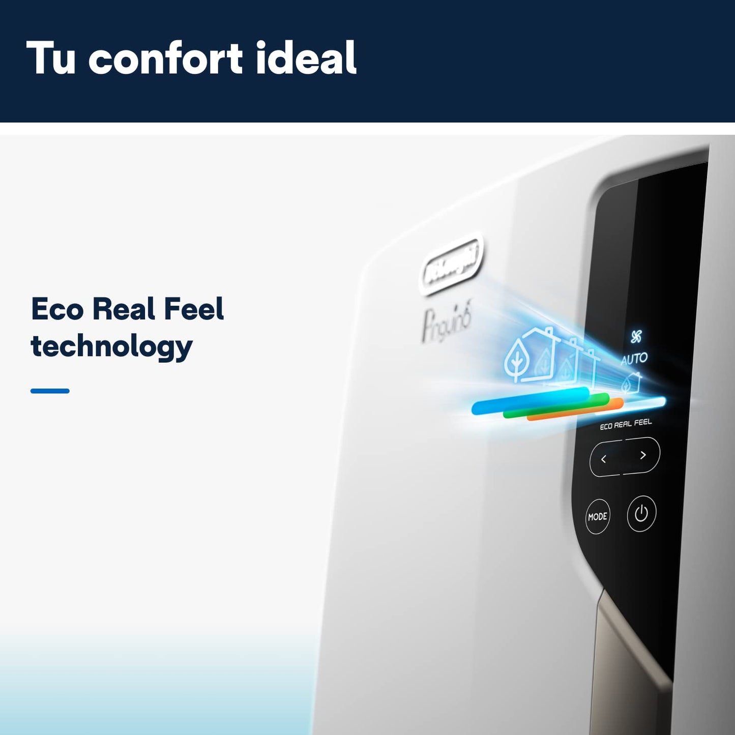 De'Longhi Pingüino PACEL98 ECO Silent Aire Acondicionado Portátil Silencioso con Tecnología Eco Real Feel, Interfaz Digital, Función Deshumidificadora, 2.7 kW, 64 dB, Plástico, Blanco, Clasa A, 100m3