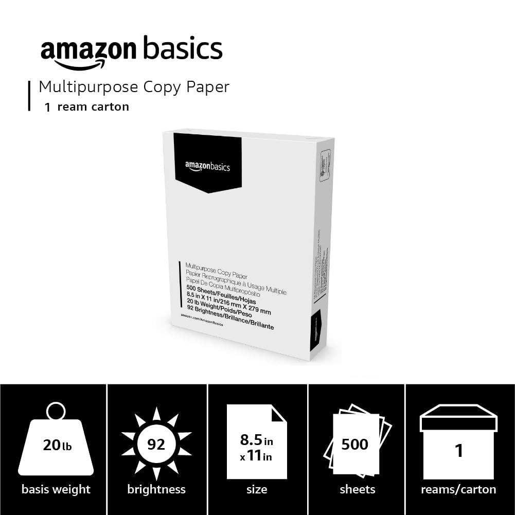 Amazon Basics – 92 brillante multiusos copia papel – 8,5 x 11 pulgadas, color blanco 1 Ream