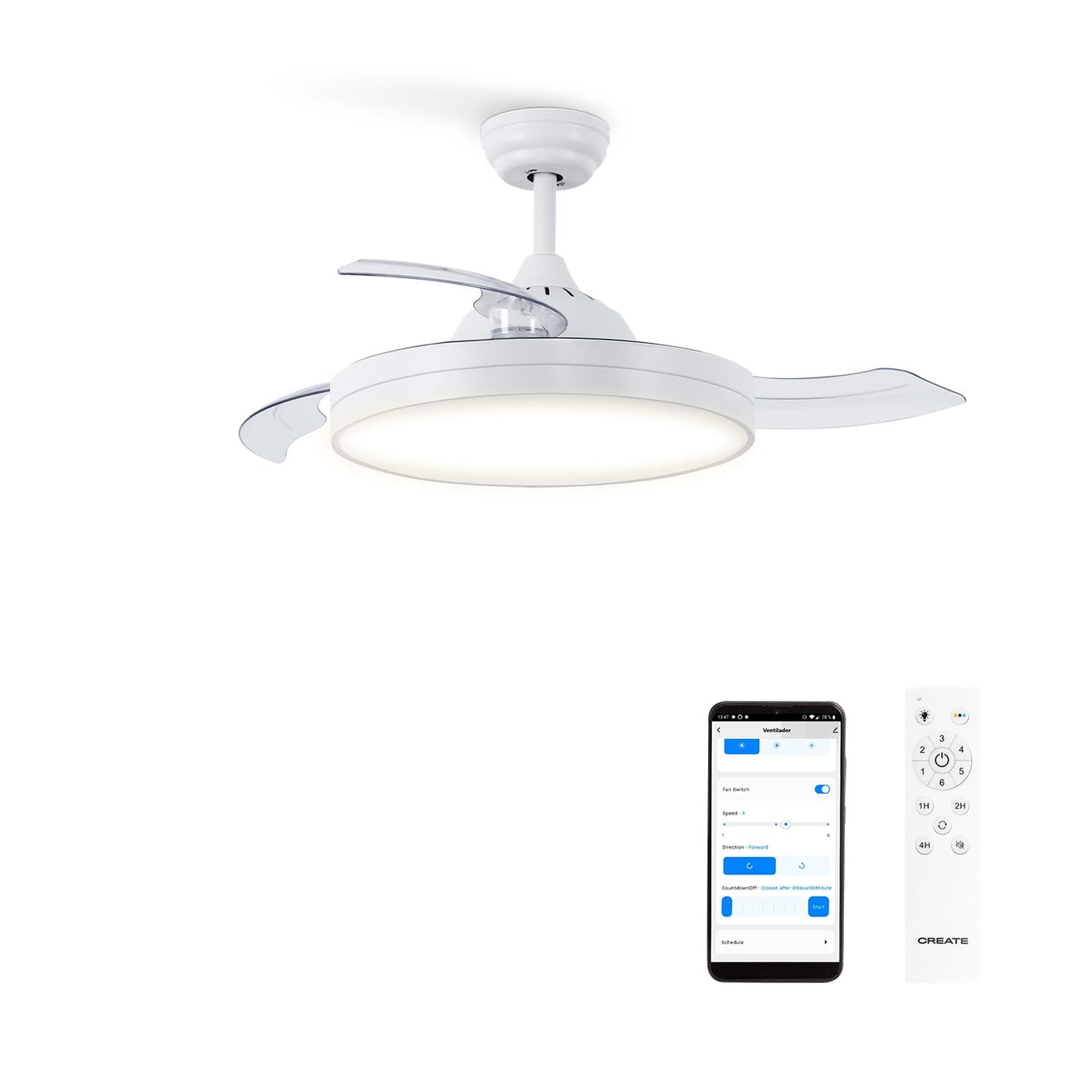 CREATE /WIND CLEAR/Ventilador de techo Blanco/Con luz, con Wifi / 6 velocidades, Cuchilla retráctil, Silencioso, Temporizador programable