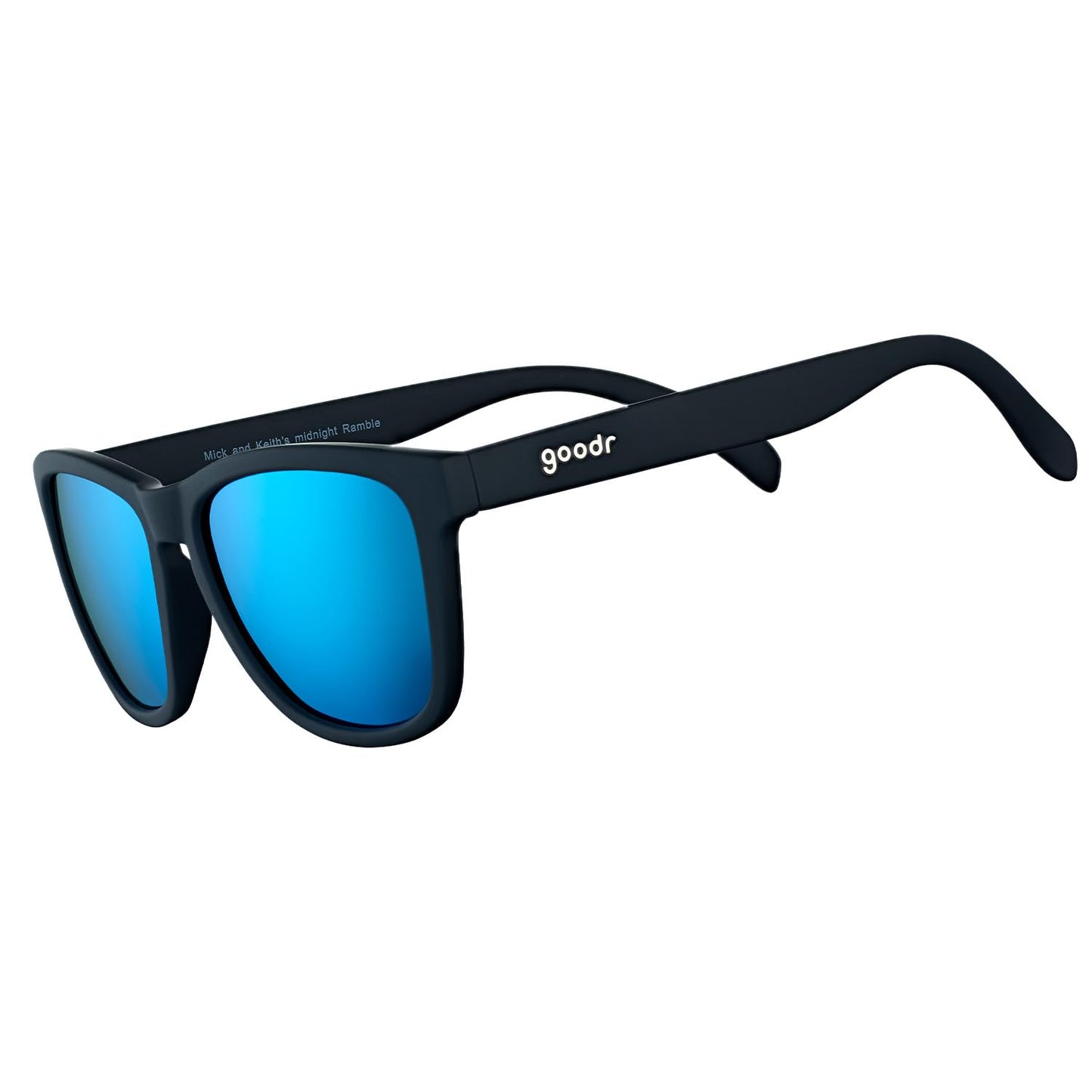 goodr Mick & Keith's Midnight Ramble - Gafas de sol polarizadas para hombres y mujeres, tamaño mediano (OG), marco sólido negro con lentes reflectantes de espejo azul, protección UV400