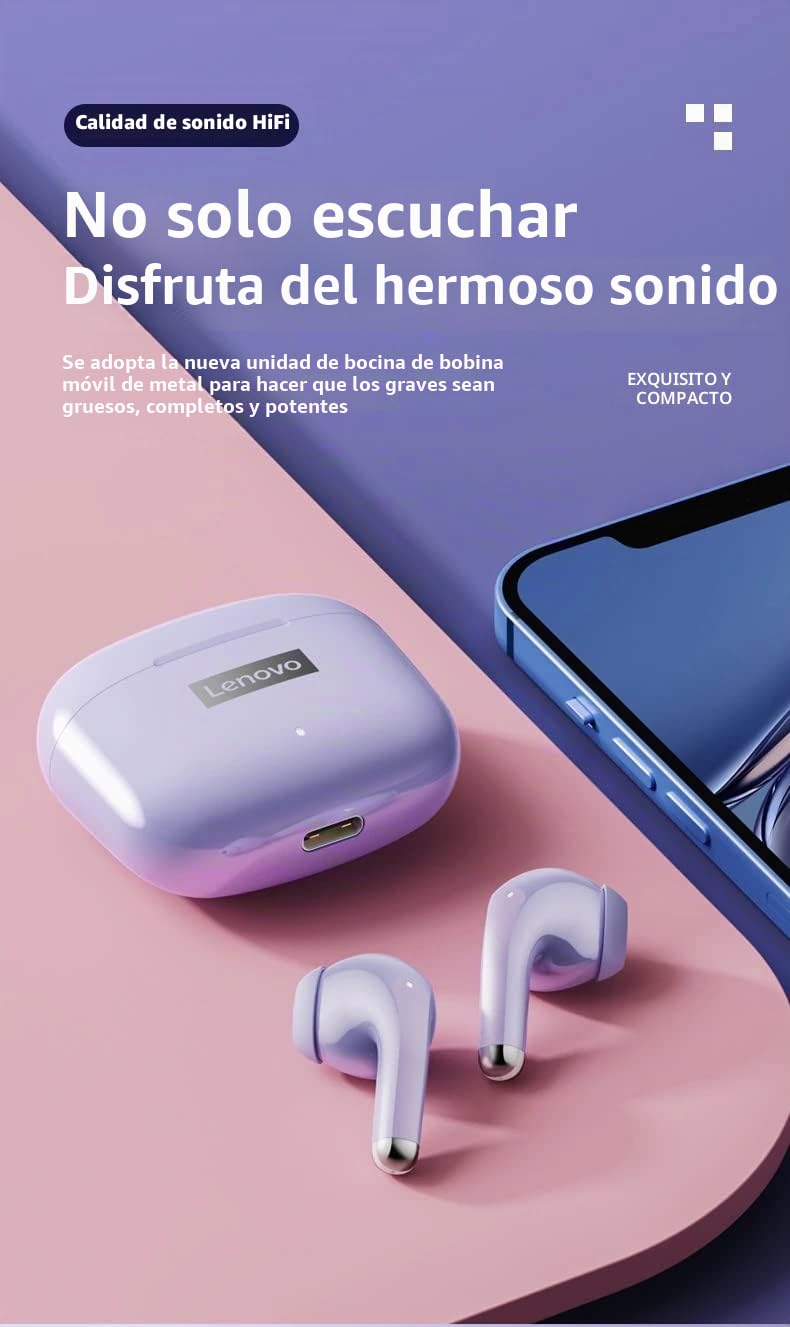 Lenovo LP40 Pro - Auriculares inalámbricos Bluetooth 5.1, 25 horas de reproducción, USB-C, carga rápida, graves profundos, control táctil, IPX5, impermeables, deportivos