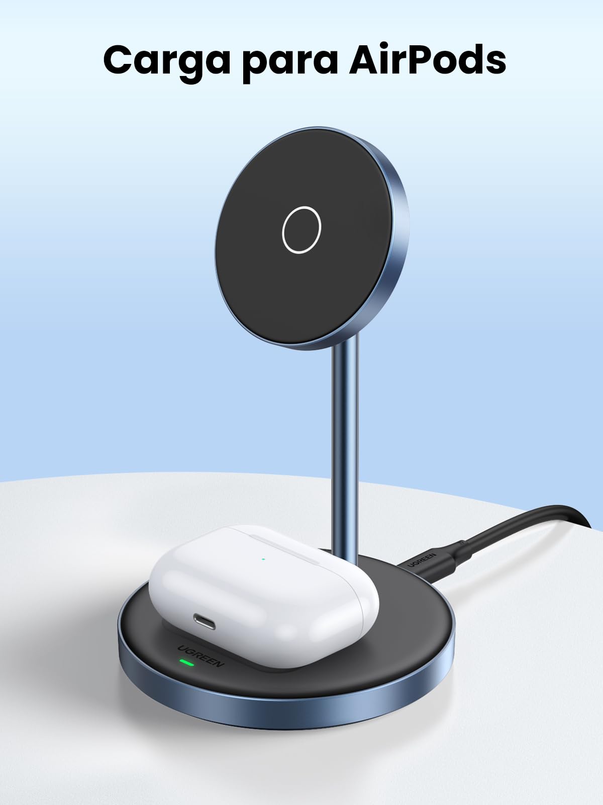 UGREEN MagFlow Cargador Inalámbrico 2 en 1, Estación de Carga Magnética para Airpods, Soporte para Móvil Compatible coniPhone 17 Pro MAX Air/16/15/14/13/12 Series, AirPods Pro 2/3