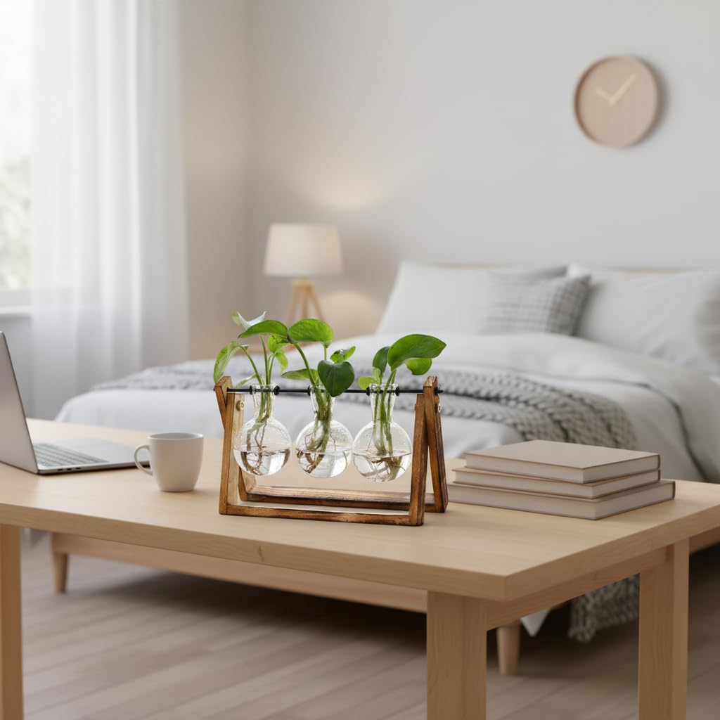 Terrario decorativo XXXFLOWER con soporte de madera y 3 jarrones