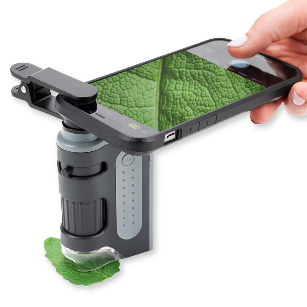 Carson MicroBrite Pro - Microscopio de Bolsillo con luz LED 60x-120x con Sistema de Lente asférica y Clip Digital para Smartphone (MM-350)