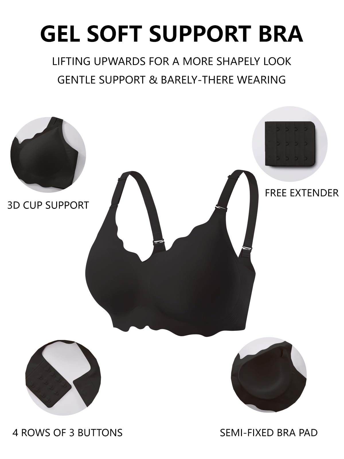 COCOMARTS Sujetadores push up para mujer, sin aros, soporte sin costuras, sin aros, sin varillas, cómodo, festoneado para uso diario, Negro, Large