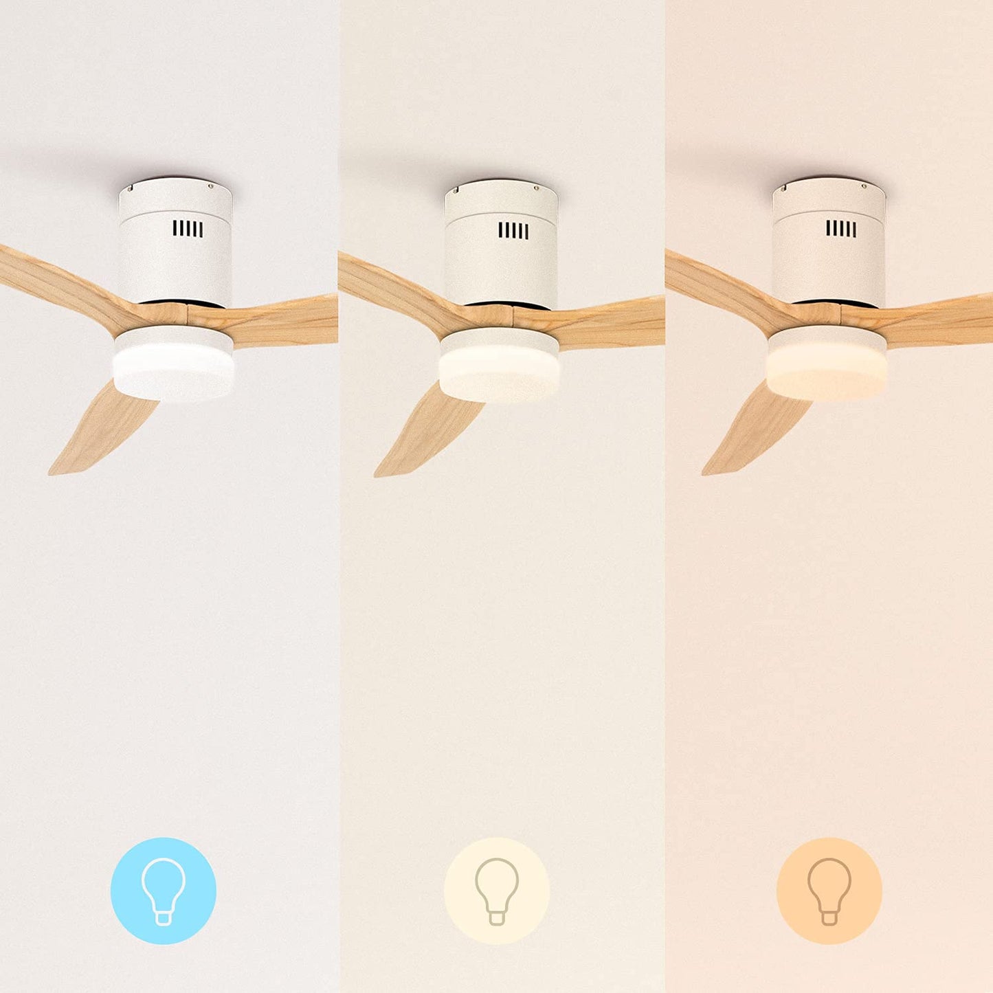 CREATE/WINDCALM/Ventilador de techo ABS con luz blanco aspas efecto madera clara y mando / 40W, Silencioso, Ø132 cm, 6 velocidades, 3 temperaturas de luz, temporizador, función verano-invierno