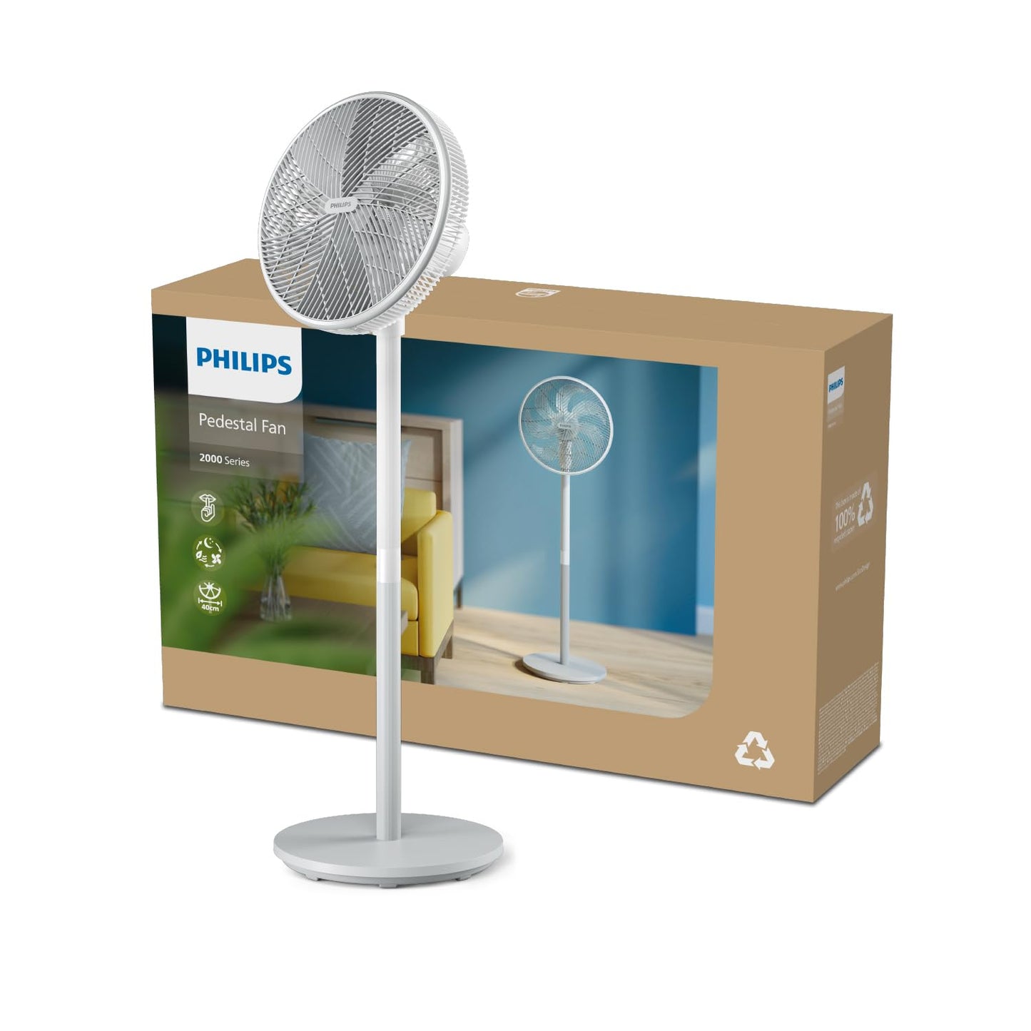 PHILIPS Serie 2000 Ventilador de pedestal. Ultrasilencioso con tecnología SilentWings. 19 dB. Ventilador de pie y de sobremesa 2 en 1. Inclina y oscila. Temporizador de 12h. Blanco. (CX2550/00)