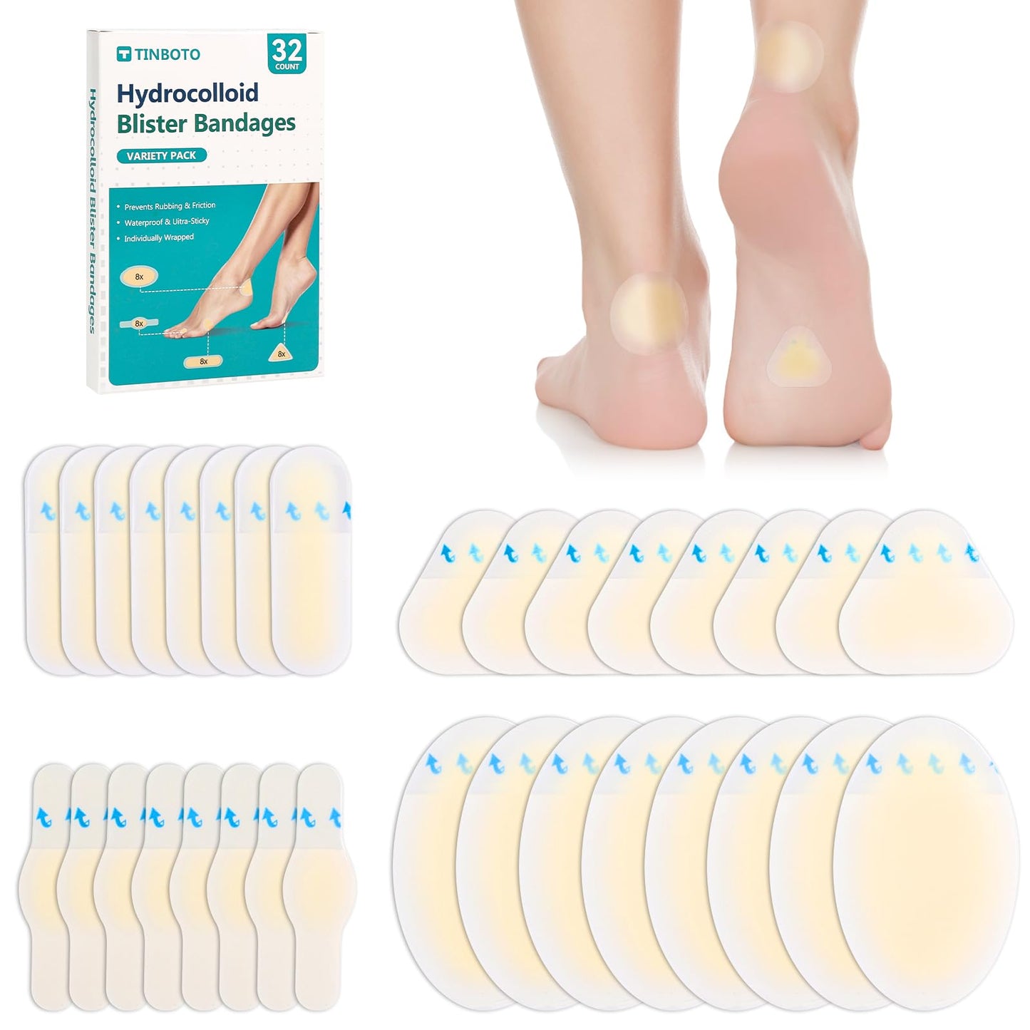 32 vendas hidrocoloides para pies, impermeables, almohadillas de gel para talón y dedos, almohadillas de ampollas para prevención y recuperación más rápida (paquete de 32 unidades)