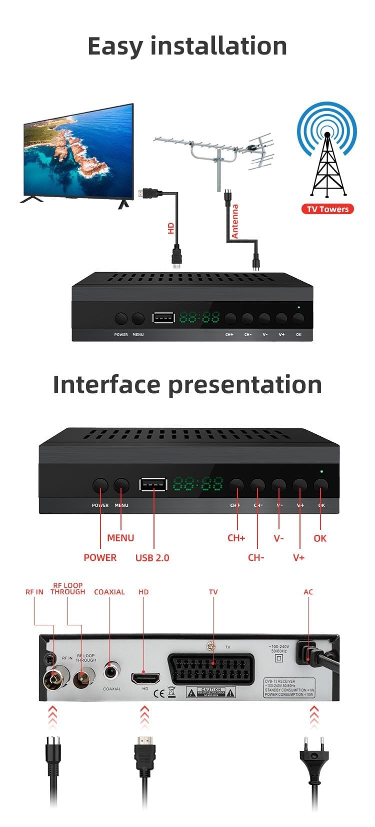 2026 Nuevo Español TDT Decodificador TV DVB-T T2 H265 HEVC FTA Full HD PVR, USB, HDMI, SCART, Sintonizador de TV Digital Terrestre, Receptor Digital de Alta definición Full HD 1080p