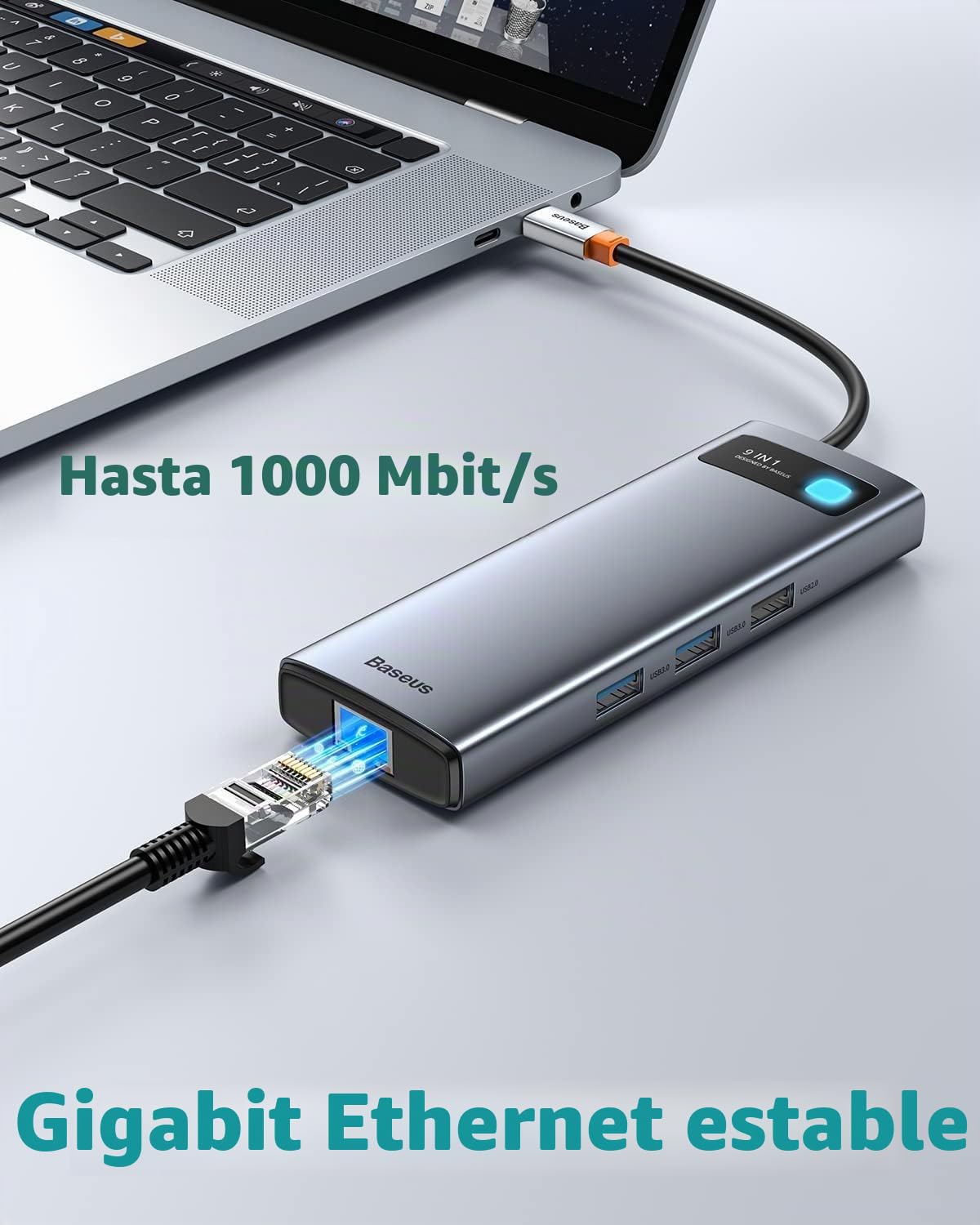 Baseus Estación de acoplamiento para portátil con monitor dual 4K a 120Hz, concentrador USB C 9 en 1 con 2 HDMI, LAN de 1000 Mbps, PD máximo de 85 W, 3 USB, lector de tarjetas SD, base USB C