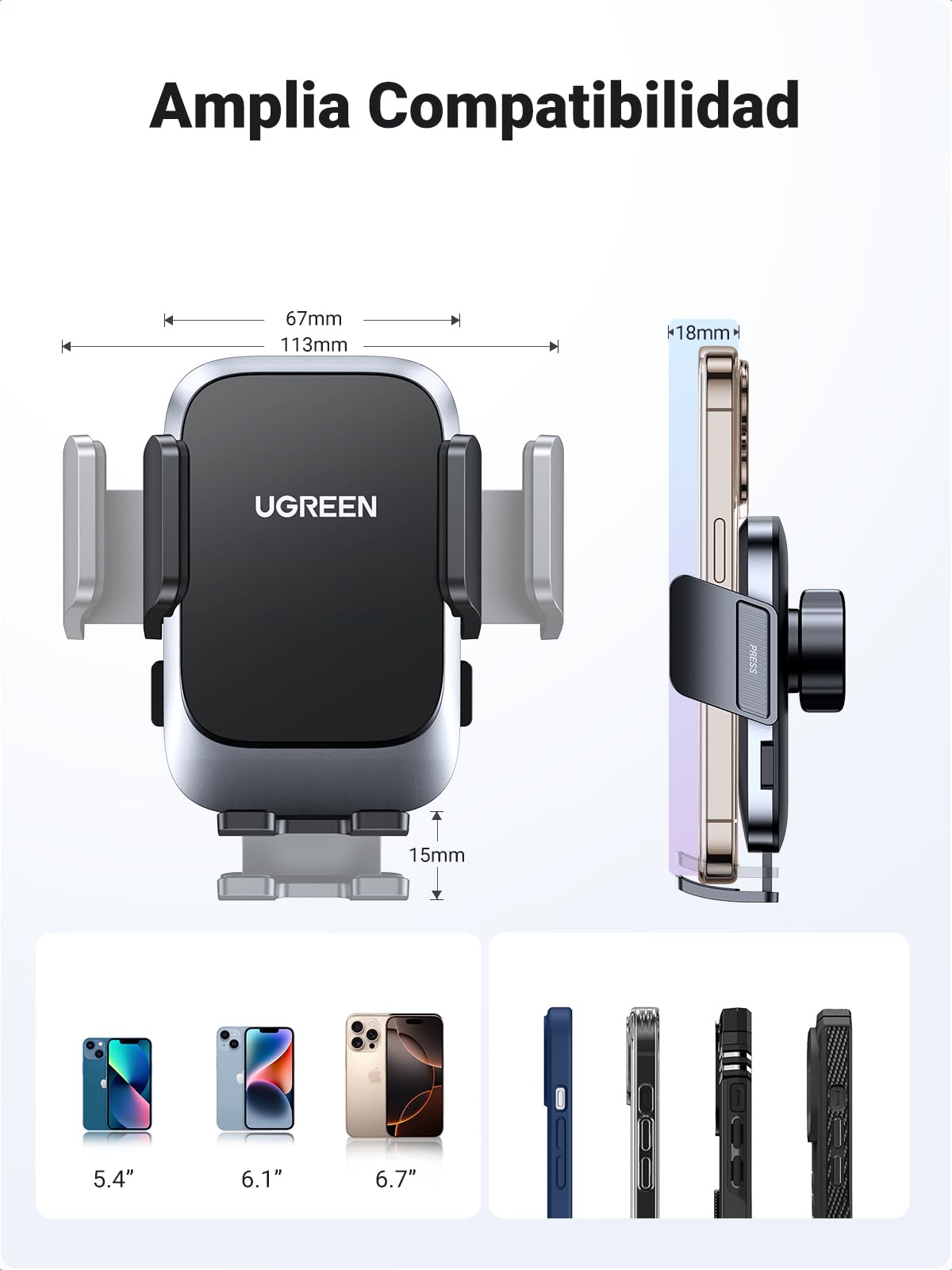 UGREEN Soporte Universal para teléfono de Coche, Soporte Universal para teléfono móvil Compatible con iPhone 16, 15, 14, 13, 12, 11 Pro MAX, Galaxy S24 Ultra