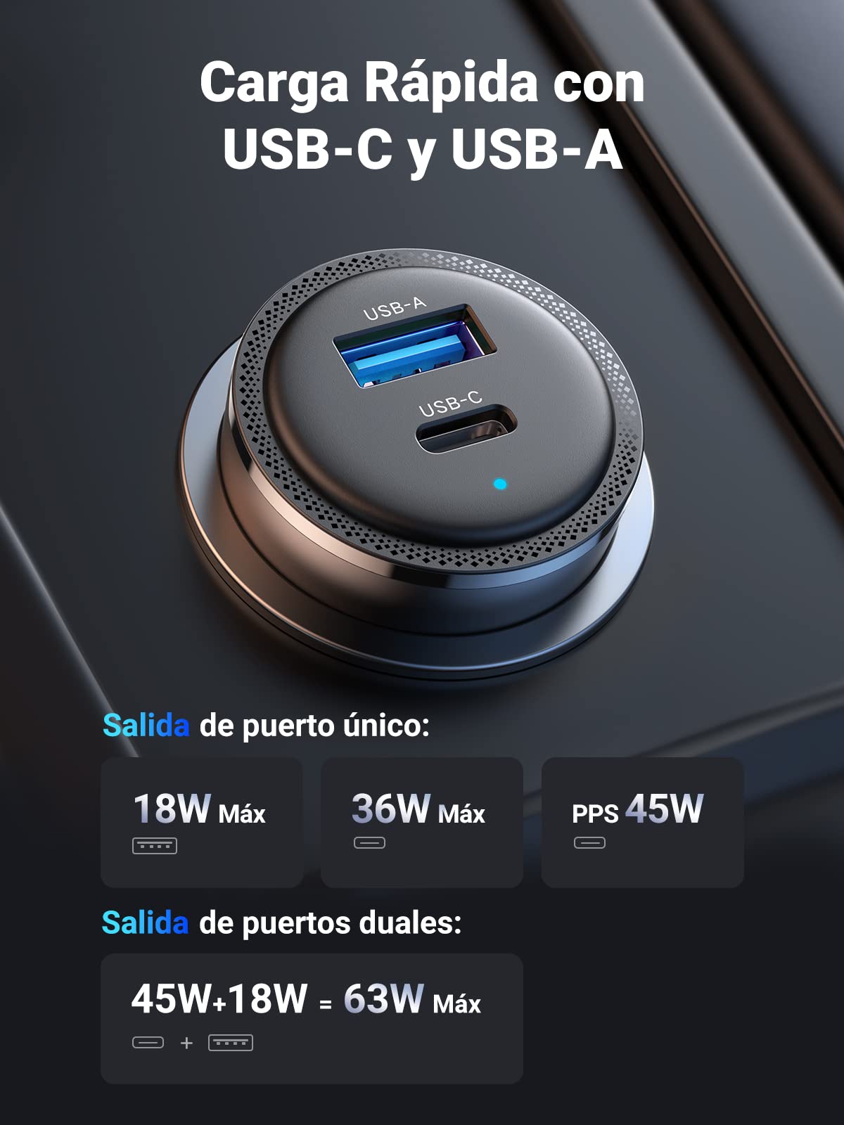 UGREEN 63W Cargador de Coche USB C con Cable 1 M, Car Charger Tipo C PD 3.0 QC 3.0 PPS 45W, Compatible con iPhone 16/15/14 Plus Pro MAX, Galaxy S24 Ultra/23/22, Xiaomi Redmi