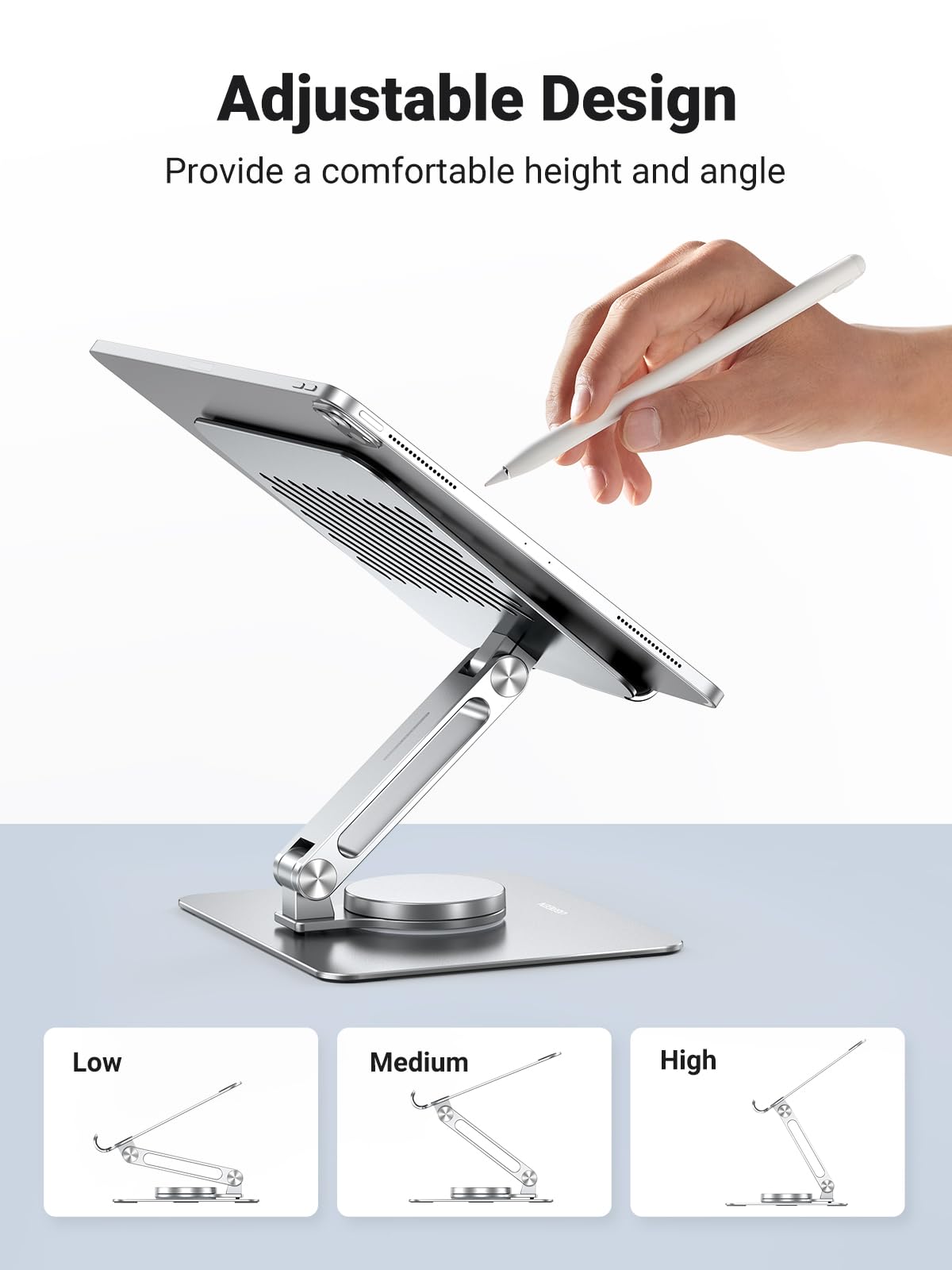 UGREEN Soporte giratorio de 360 ° para tableta ajustable con base giratoria, soporte ajustable plegable para dibujar, compatible con iPad Pro, Air/Mini y más, plateado