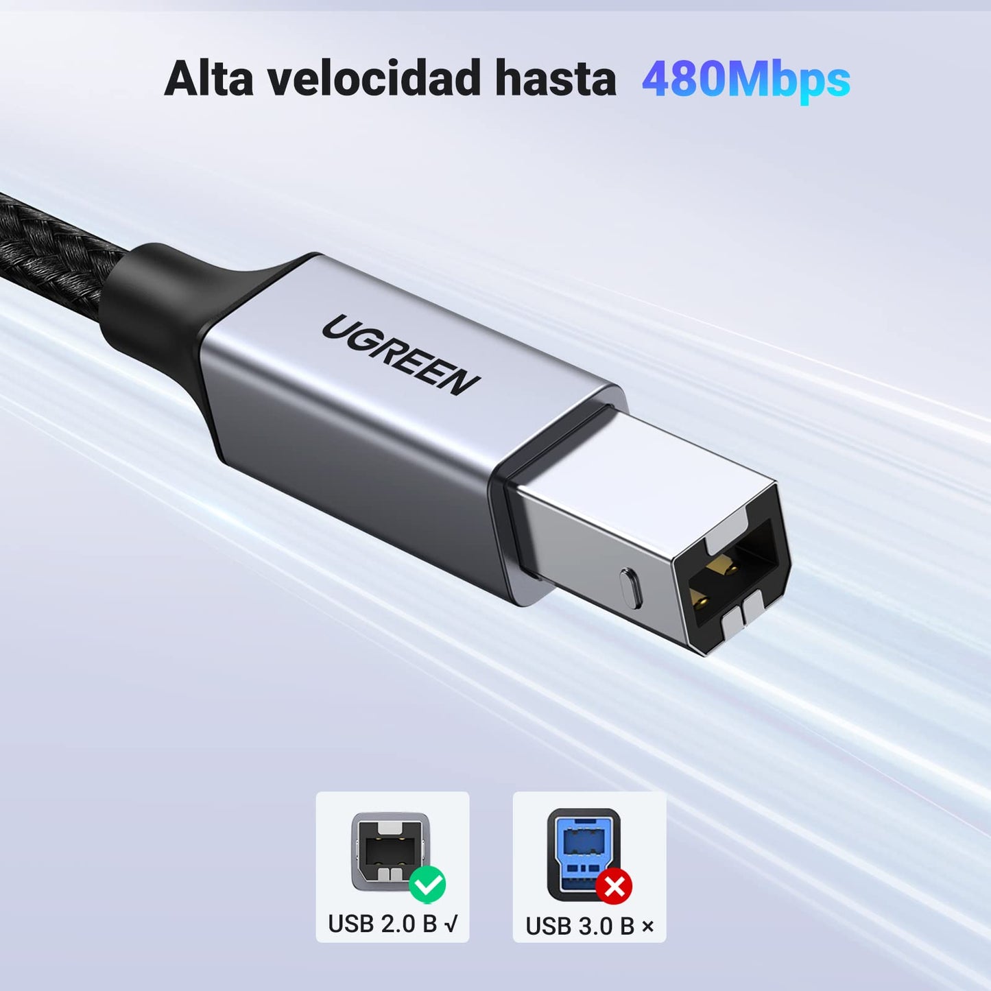 UGREEN Cable de Impresora USB C a Tipo B 2.0 Compatible con MacBook Pro, iPad, ASUS, HP, Epson, Brother, Lexmark, Canon (2 Metros)