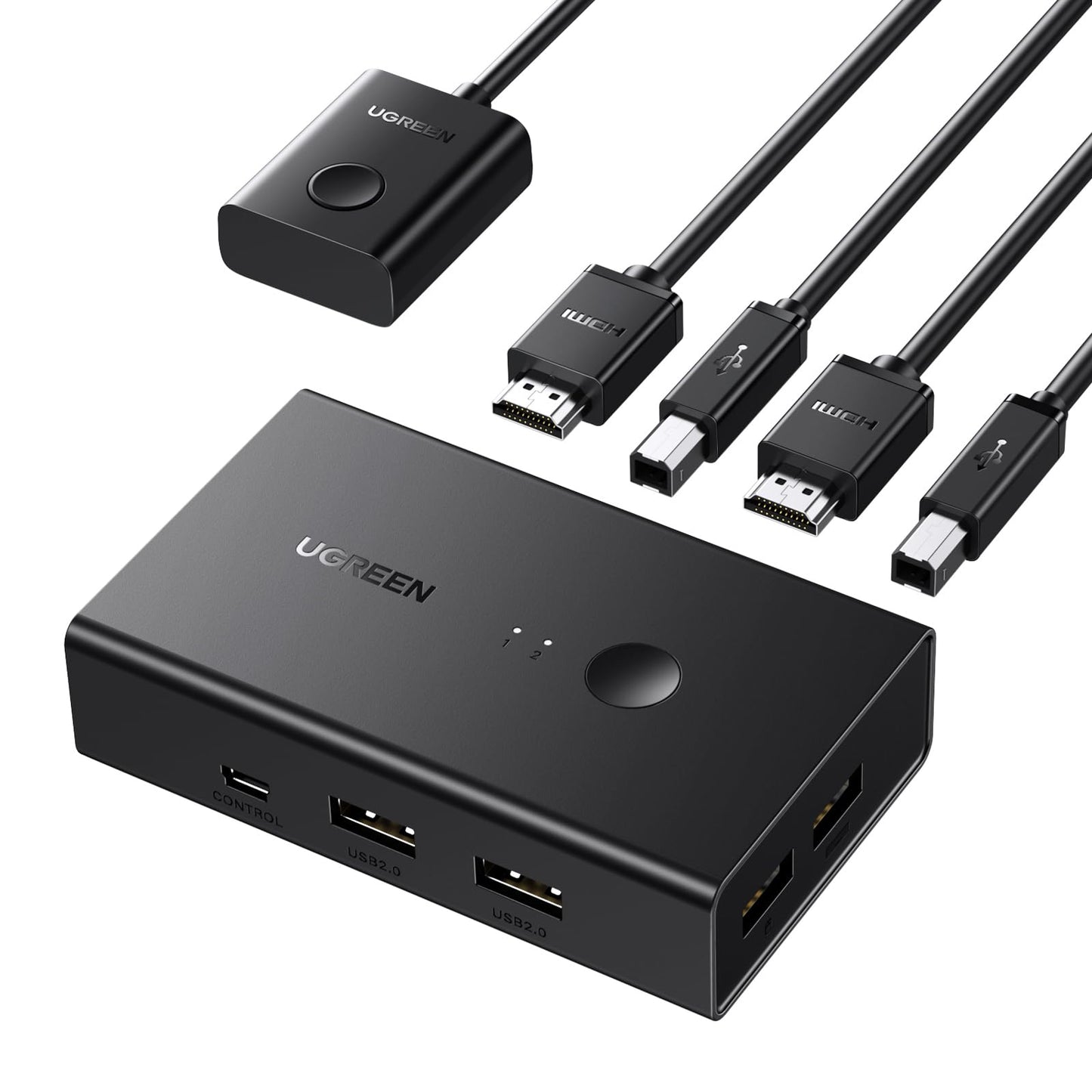 UGREEN KVM HDMI Switch 4K 60Hz 2 Entradas a 1 Salida 2 PC Comparten 1 Pantalla y 4 Puertos USB 2.0 Comutador con Control de Escritorio y Cable para Teclado Mouse Impresora USB Stick