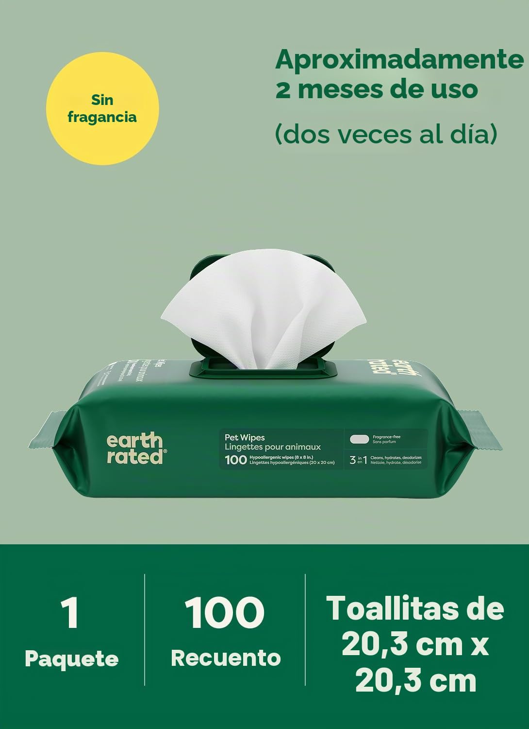 Earth Rated Toallitas hipoalergénicas para Perros, para Limpiar y Eliminar olores de Patas, Cuerpo y Trasero, Cachorros y Perros Adultos, sin Aroma, 100 Unidades