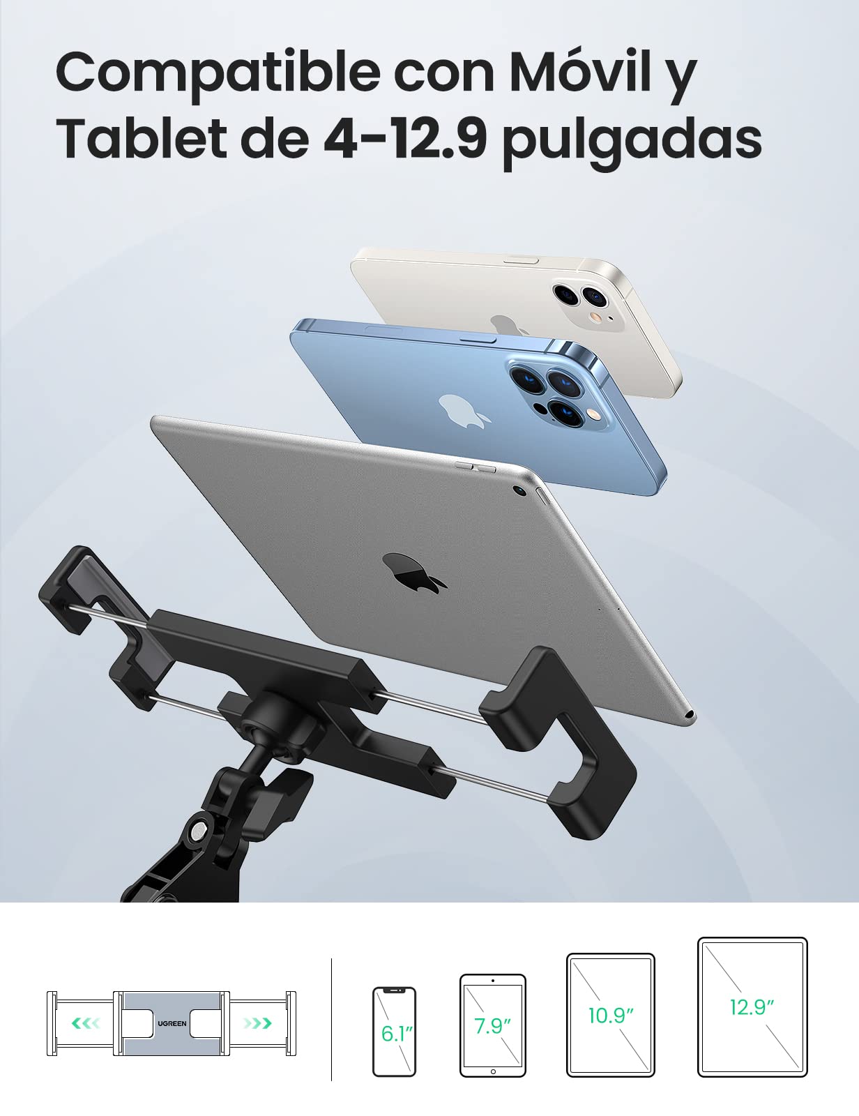UGREEN Soporte Tablet Cama, Soporte Metálico para Movil de Mesa Brazo Articulado Multiángulo Ajustable Compatible con Tabletas de 4"-12,9" como Redmi Pad iPad iPhone 16 Galaxy Tab