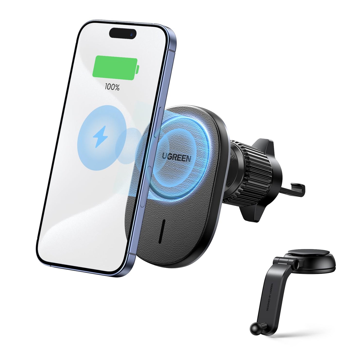 UGREEN Cargador Magnético de Coche Inalámbrico 2 en 1, Soporte Móvil para Aire Ventilación con Ventosa con Carga Wireless Compatible con iPhone 16/15/14/13/12 Series