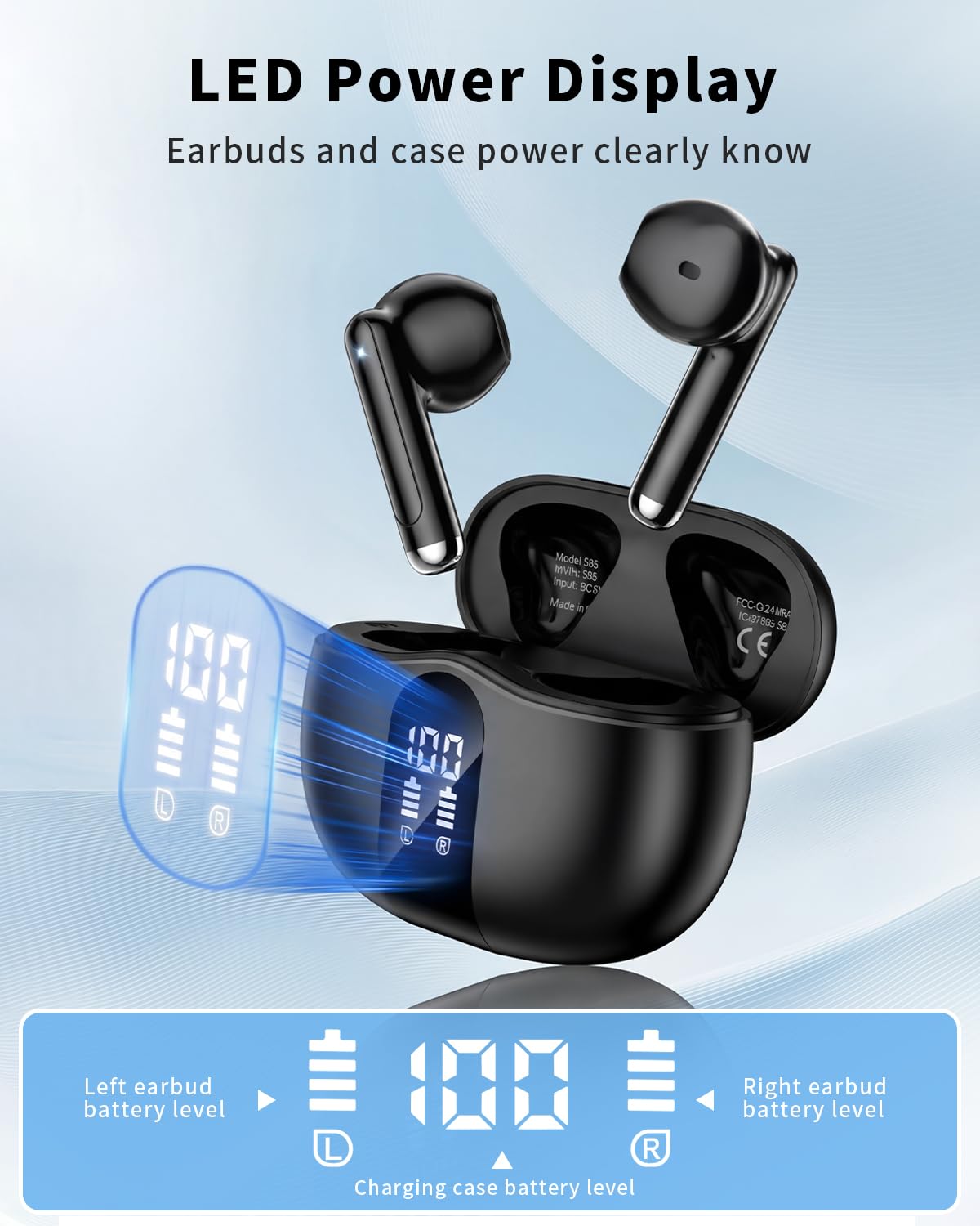 Auriculares inalámbricos, Bluetooth 5.4 2026, auriculares estéreo de graves con micrófono con cancelación de ruido, pantalla LED, auriculares intraurales de 50 horas de reproducción, IP7 impermeables