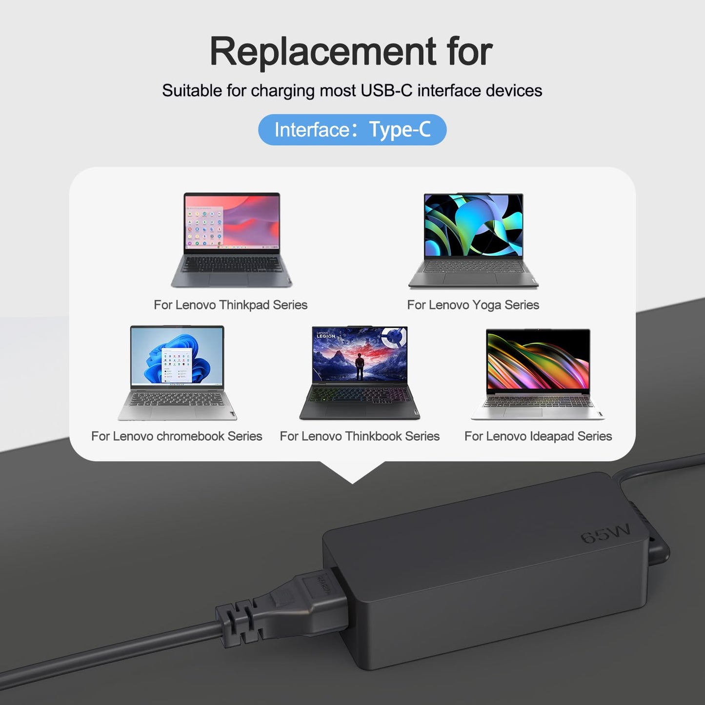 USB-C 65W 45W AC Replacement Charger fit for Lenovo ThinkPad T480 T490 T580 ADLX65YDC2A ADLX65YLC2D ADLX65YDC3A ADLX65YDC2D chromebook 2nd Gen S330 65W Laptop Power Supply Adapter Cord
