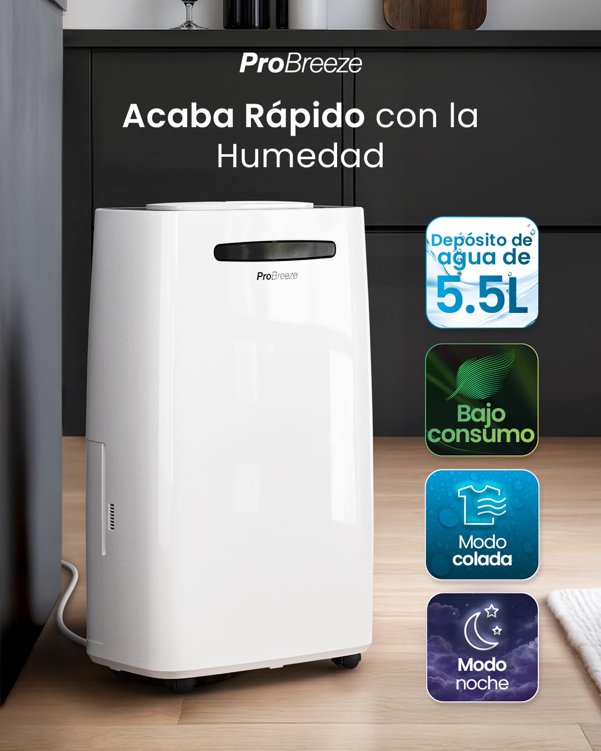 Pro Breeze Deshumidificador Antihumedad 20L, Habitaciones hasta 30m2, Depósito Extraíble y Desagüe Continuo, Pantalla Digital, 4 Modos, Temporizador 24h, seca la ropa - Deshumificador Silencioso