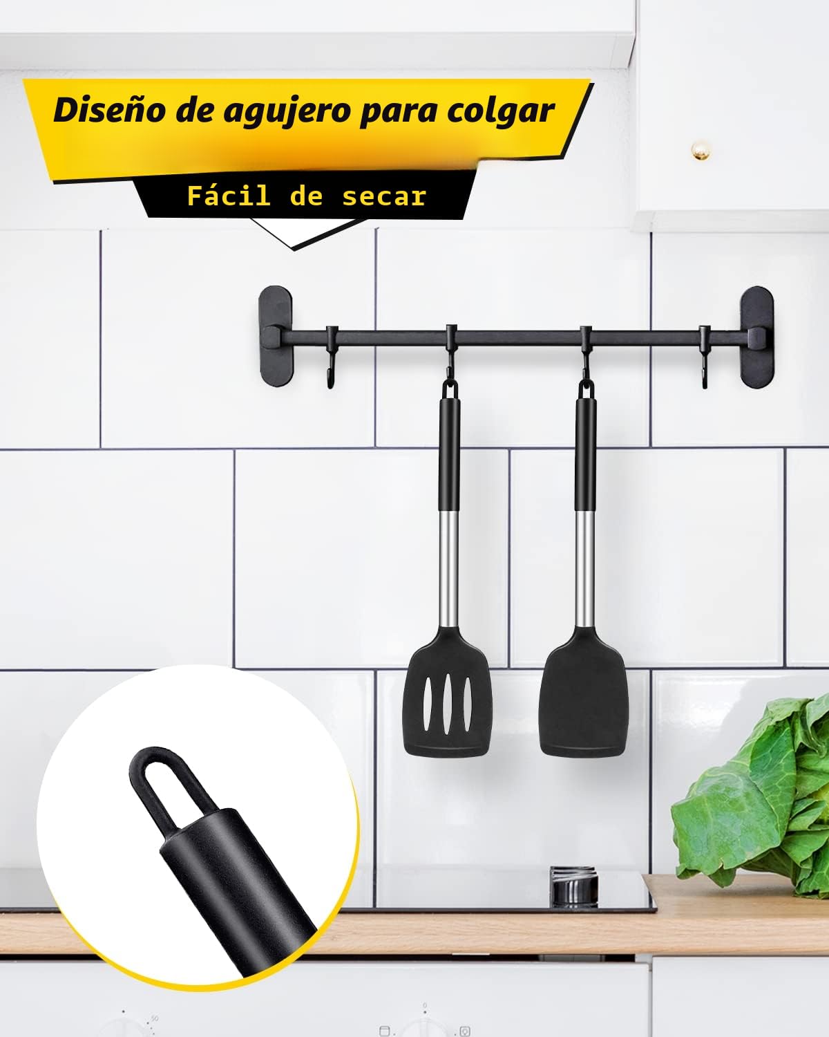 Juego de 2 Espátulas de Silicona, Espátula Antiadherentes Resistente al Calor, Utensilios de Cocina para Servir, Freir, Cocinar Huevos, Peacado, Verduras, Steak, Tortitas（Negro）