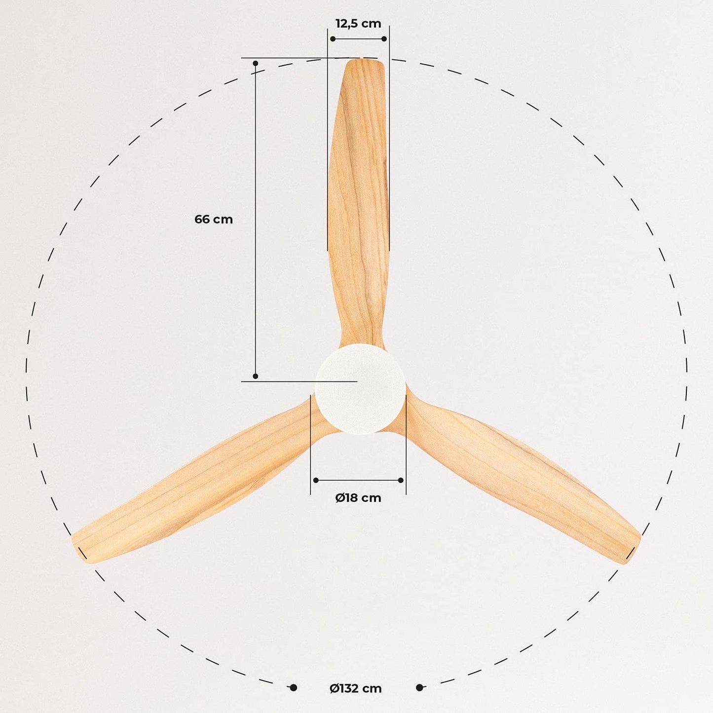 CREATE/WINDCALM/Ventilador de techo ABS con luz blanco aspas efecto madera clara y mando / 40W, Silencioso, Ø132 cm, 6 velocidades, 3 temperaturas de luz, temporizador, función verano-invierno