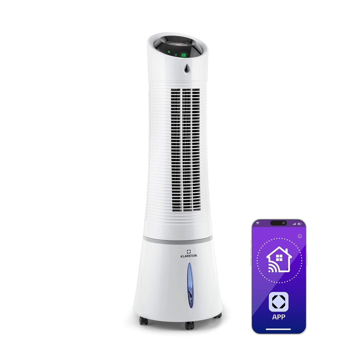 Klarstein Skyscraper Ice Smart Climatizador Evaporativo – 4 en 1: Ventilador, Enfriador, Purificador & Humidificador, 180 m³/h, Control App & Alexa, Depósito 6L, Oscilación, Ionizador, Blanco