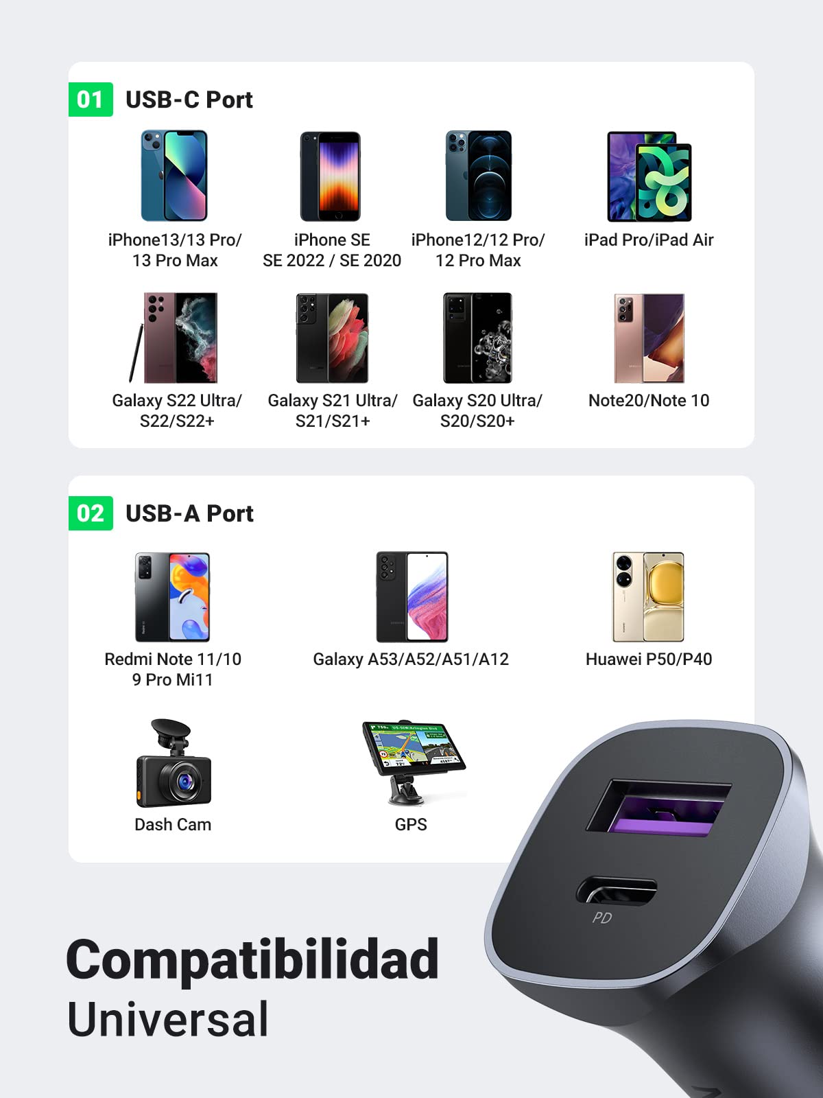 UGREEN 30W Cargador Coche USB C con Cable 1M Carga Rápida PD QC 3.0 PPS