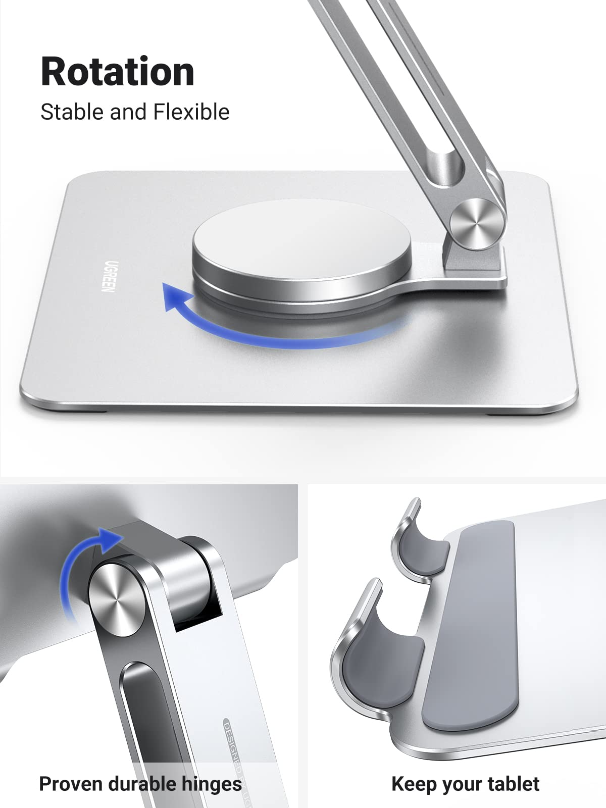 UGREEN Soporte giratorio de 360 ° para tableta ajustable con base giratoria, soporte ajustable plegable para dibujar, compatible con iPad Pro, Air/Mini y más, plateado