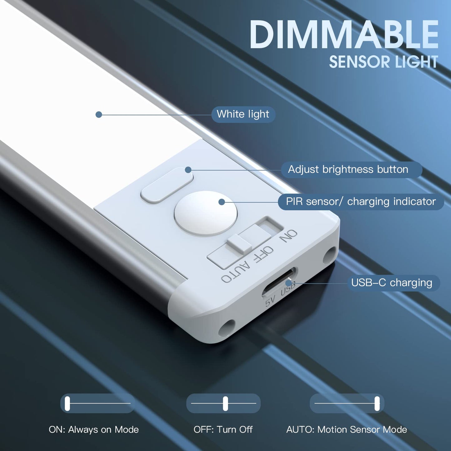 Luces para debajo del gabinete, 40 luces LED recargables con sensor de movimiento para interiores, paquete de 2 luces magnéticas regulables para armario, luces inalámbricas para debajo del mostrador