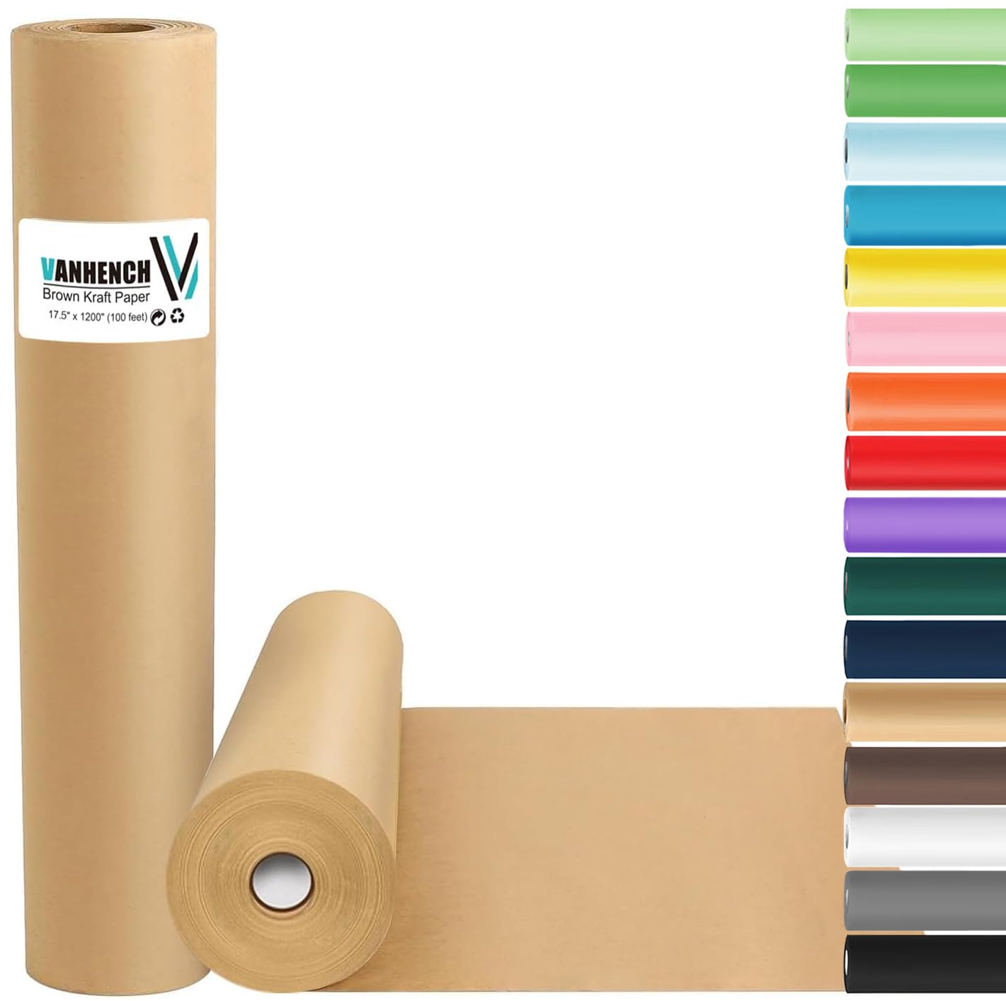 Vanhench Rollo de papel de regalo marrón, papel de embalaje kraft para manualidades, 17.5 x 1200 pulgadas (100 pies) para regalo de cumpleaños, tablón de anuncios, ramo de arte, flores, cubierta de