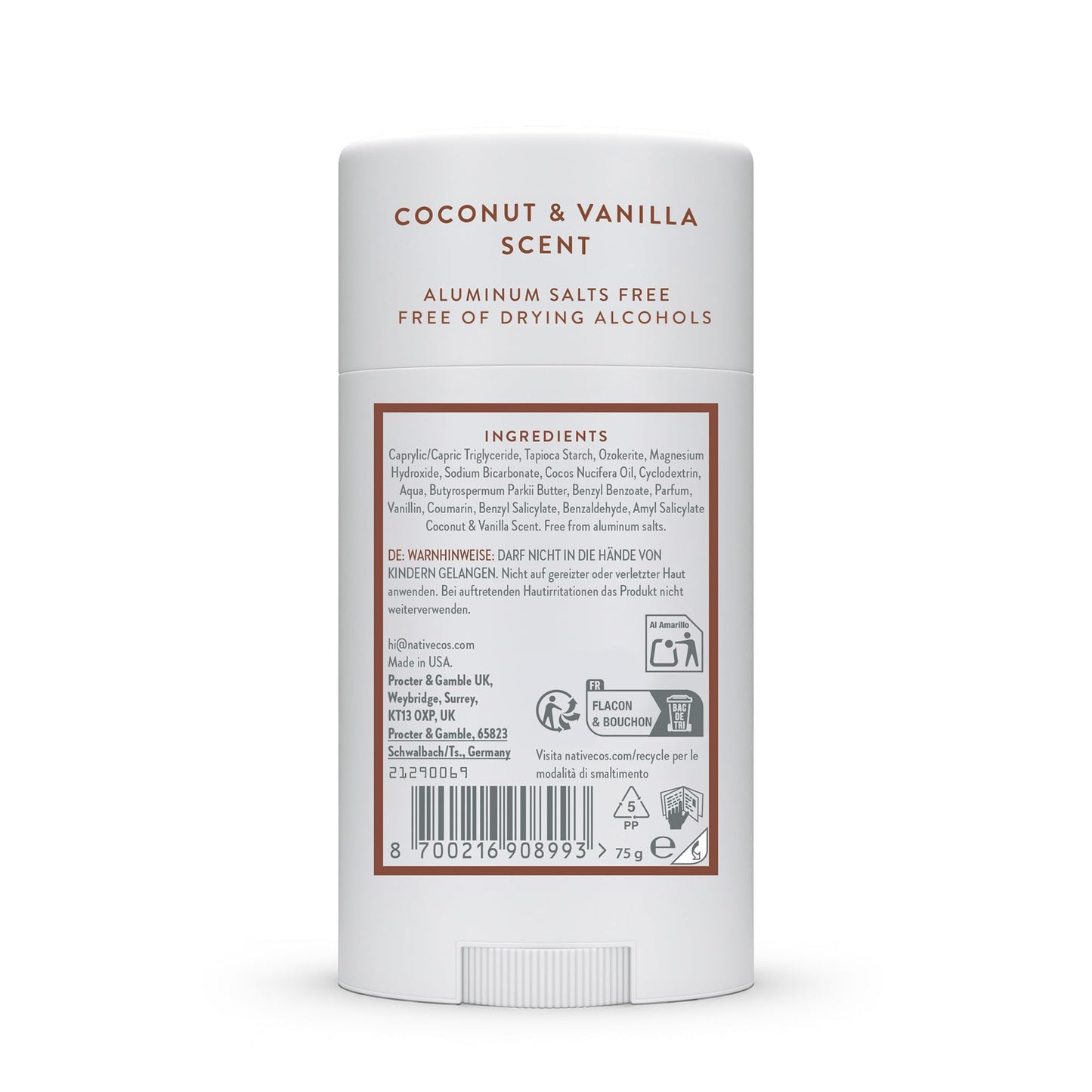Native Desodorante para Mujeres & Hombres - Libre de Alcohol & Aluminio - Aroma a Coco & Vainilla - Con Manteca de Karité, Aceite de Coco & Bicarbonato de Sodio - Control del Olor 72 Horas (75 ml)