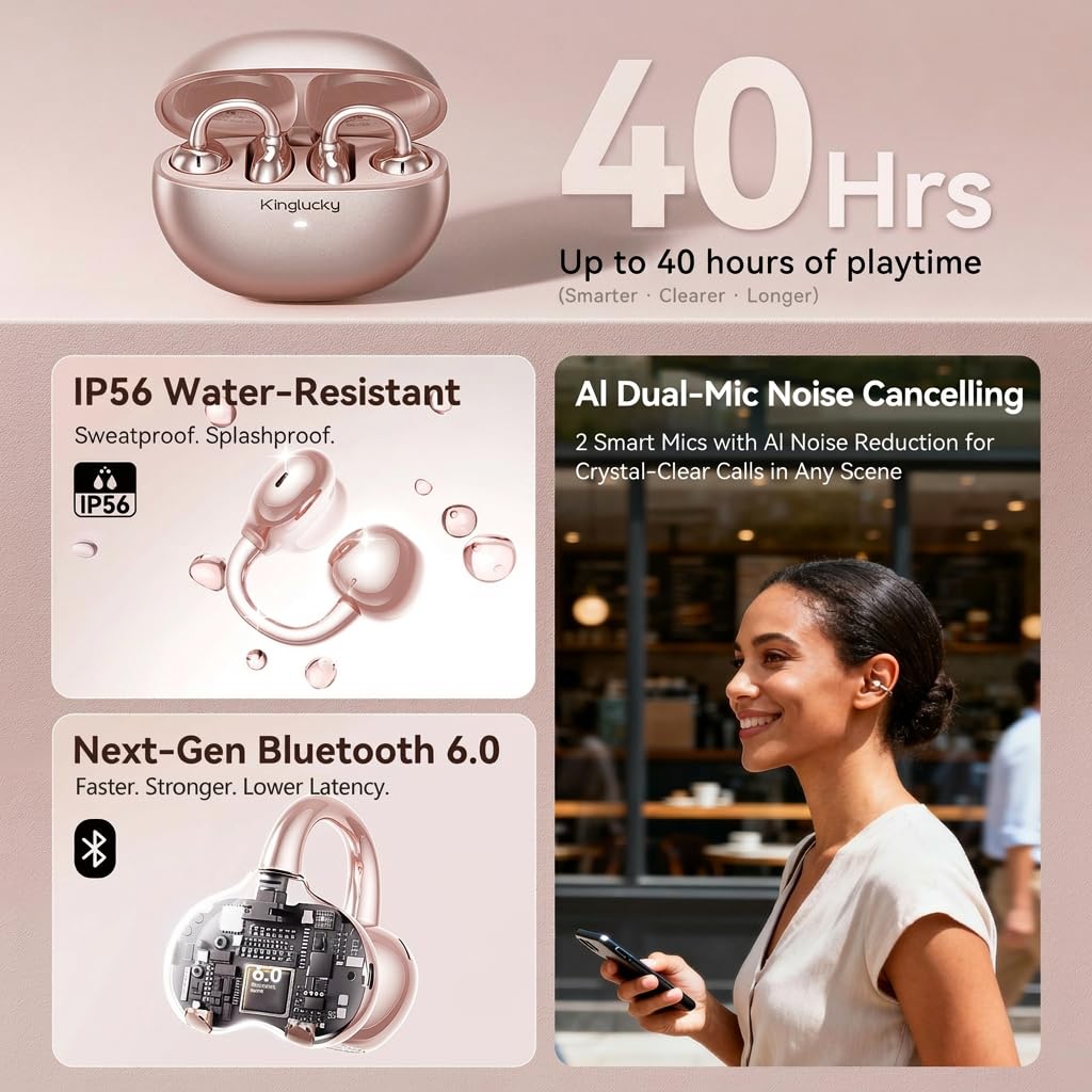 Kinglucky ClipFree - Auriculares de oreja abierta, diseño inspirado en joyas, elegante y cómodo, ajuste de clip, auriculares inalámbricos Bluetooth 5.4 para mujer, batería de larga duración, ideal