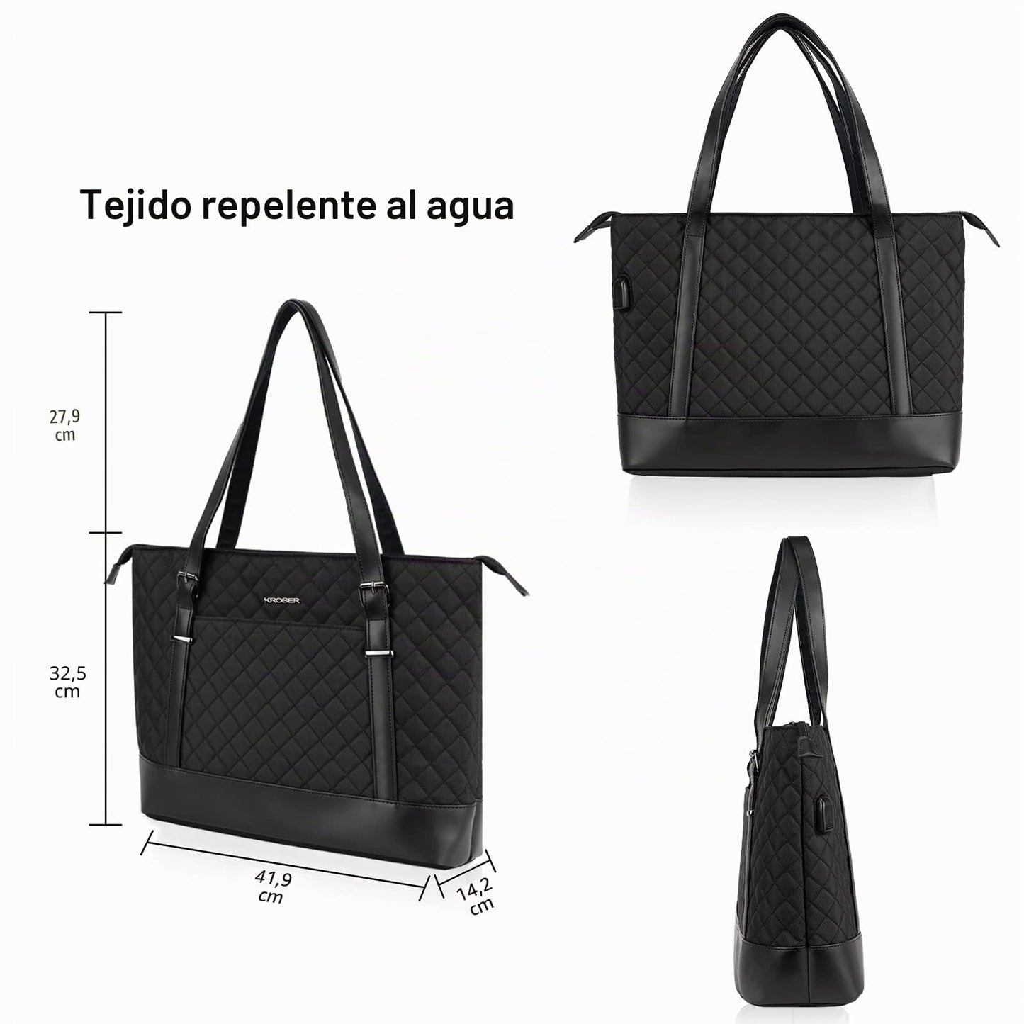 KROSER Bolsa de mano para portátil de 15.6 pulgadas con puerto USB, bolsa de trabajo grande, bolsa de hombro para computadora para mujer, funda de transporte para laptop (acolchado)