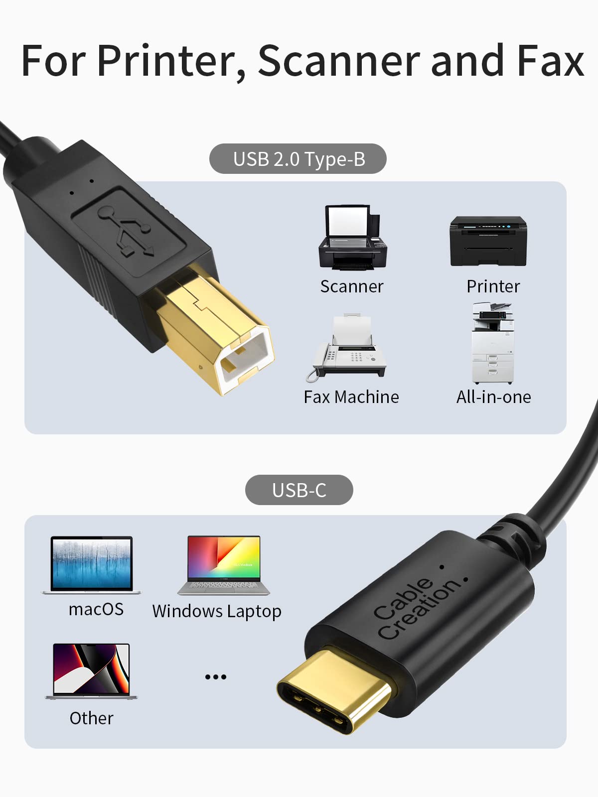 CableCreation USB 3.0 Tipo C (USB-C) a USB 2.0 B Cable Macho (USB-B) para Impresora y escáner, 6,6/2 M en Negro