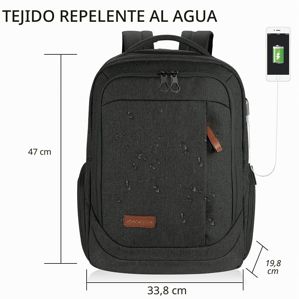 KROSER Mochila para Portátil Mochila Grande para Computadora hasta 17.3" Hidrófugo Mochila Escolar de Viaje Mochila Informal para Negocios/Universidad/Mujeres/Hombres Laptop Backpack