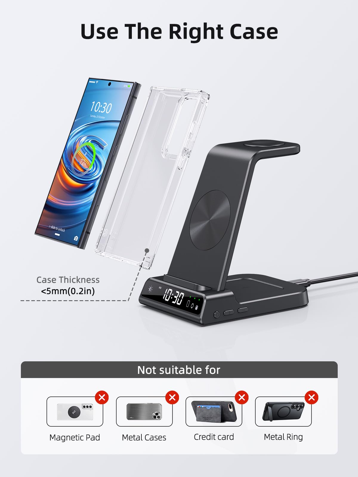 Cargador Inalambrico para Samsung, 3 in 1 Wireless Charger para Samsung für Galaxy S25 Ultra/S24/Z Fold 6/Z Flip 6, Base de Carga con Reloj Digital para Galaxy Watch Ultra/7/6, Galaxy Buds Pro 2