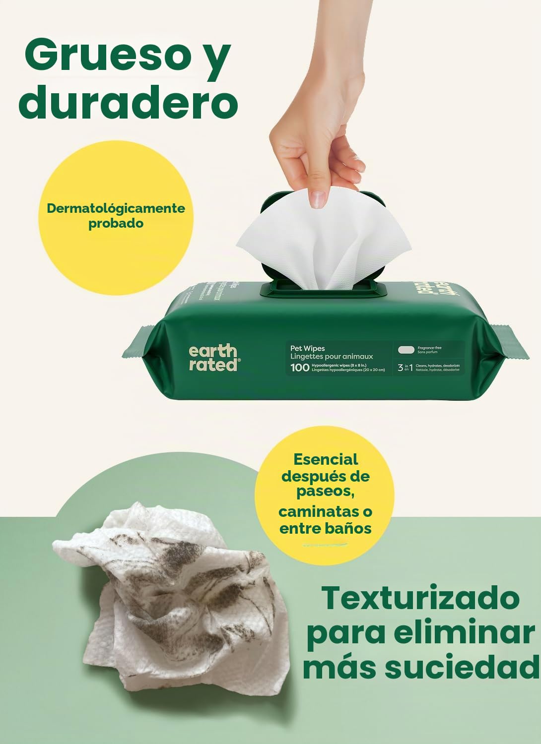 Earth Rated Toallitas hipoalergénicas para Perros, para Limpiar y Eliminar olores de Patas, Cuerpo y Trasero, Cachorros y Perros Adultos, sin Aroma, 100 Unidades