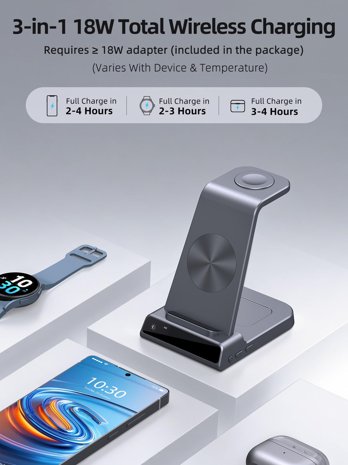 Cargador Inalambrico para Samsung, 3 in 1 Wireless Charger para Samsung für Galaxy S25 Ultra/S24/Z Fold 6/Z Flip 6, Base de Carga con Reloj Digital para Galaxy Watch Ultra/7/6, Galaxy Buds Pro 2