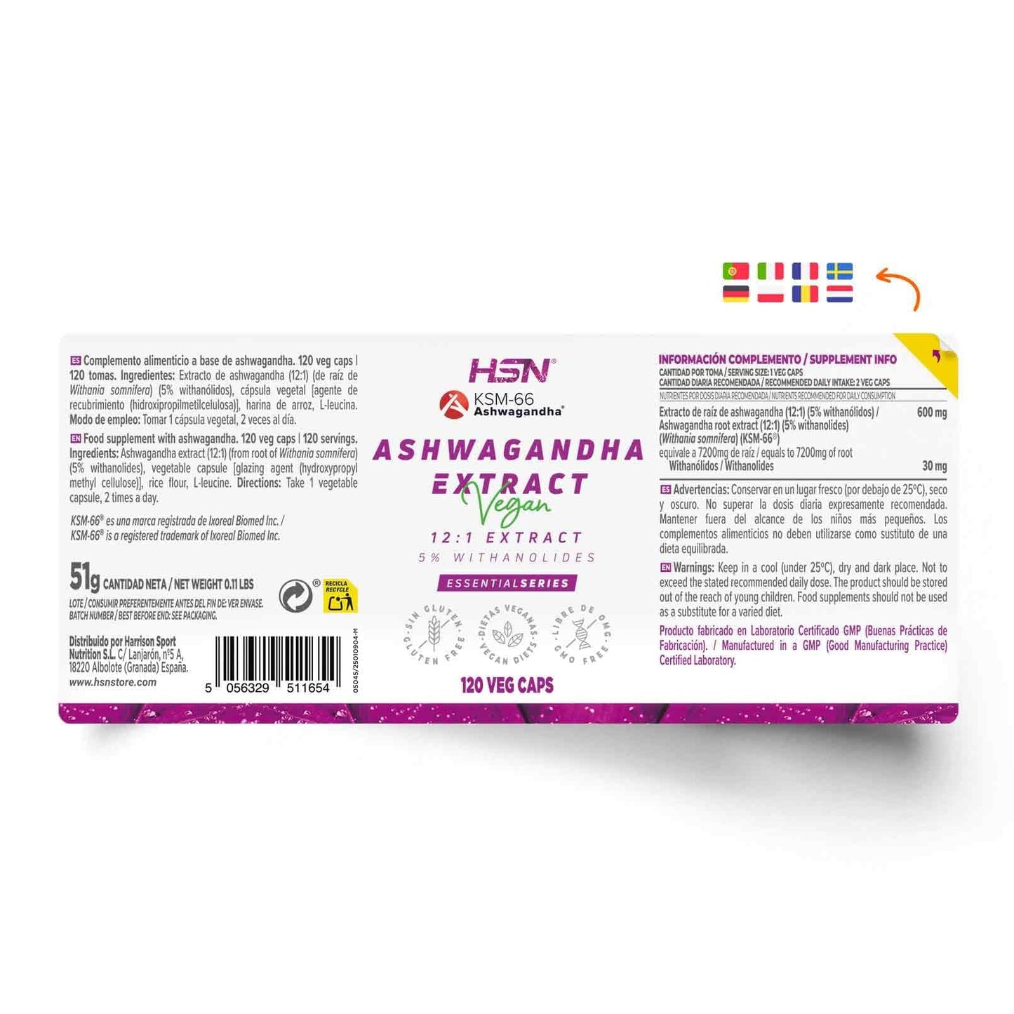 HSN Extracto de Ashwagandha KSM-66® 300 mg - 120 Cápsulas Vegetales