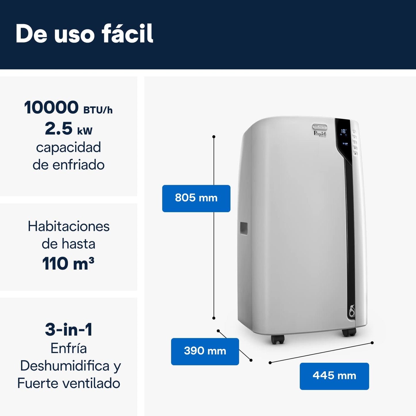 Delonghi aire acondicionado móvil monobloc 2500w 25m2 pac ex100 silent